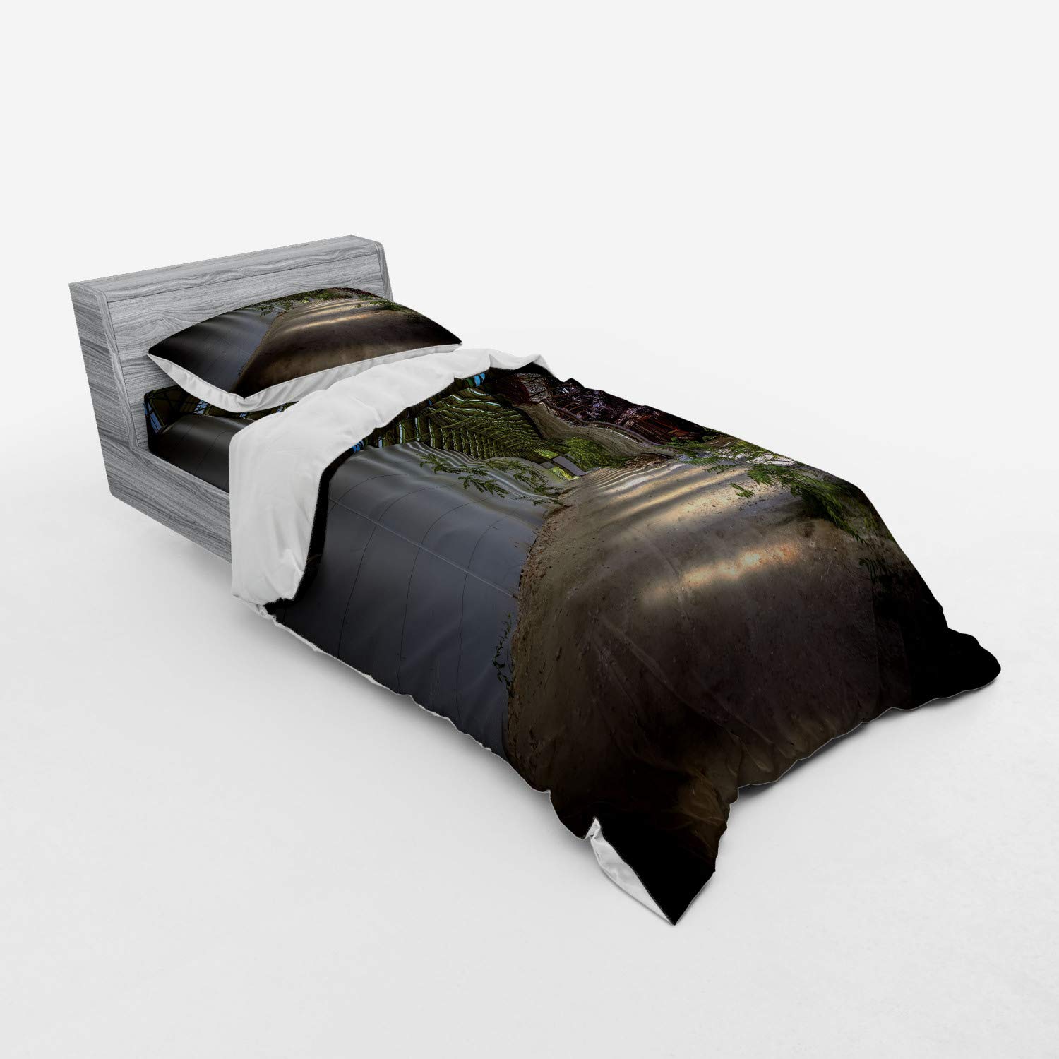 Ambesonne Rustic Duvet Cover Set - Industrial Greenhouse & Urban Nature Print, 3-Piece Twin XL Bedding Set with Sham & Fitted Sheet, Grey Green | Perfect for Farmhouse, Industrial & Urban Decor Bedrooms