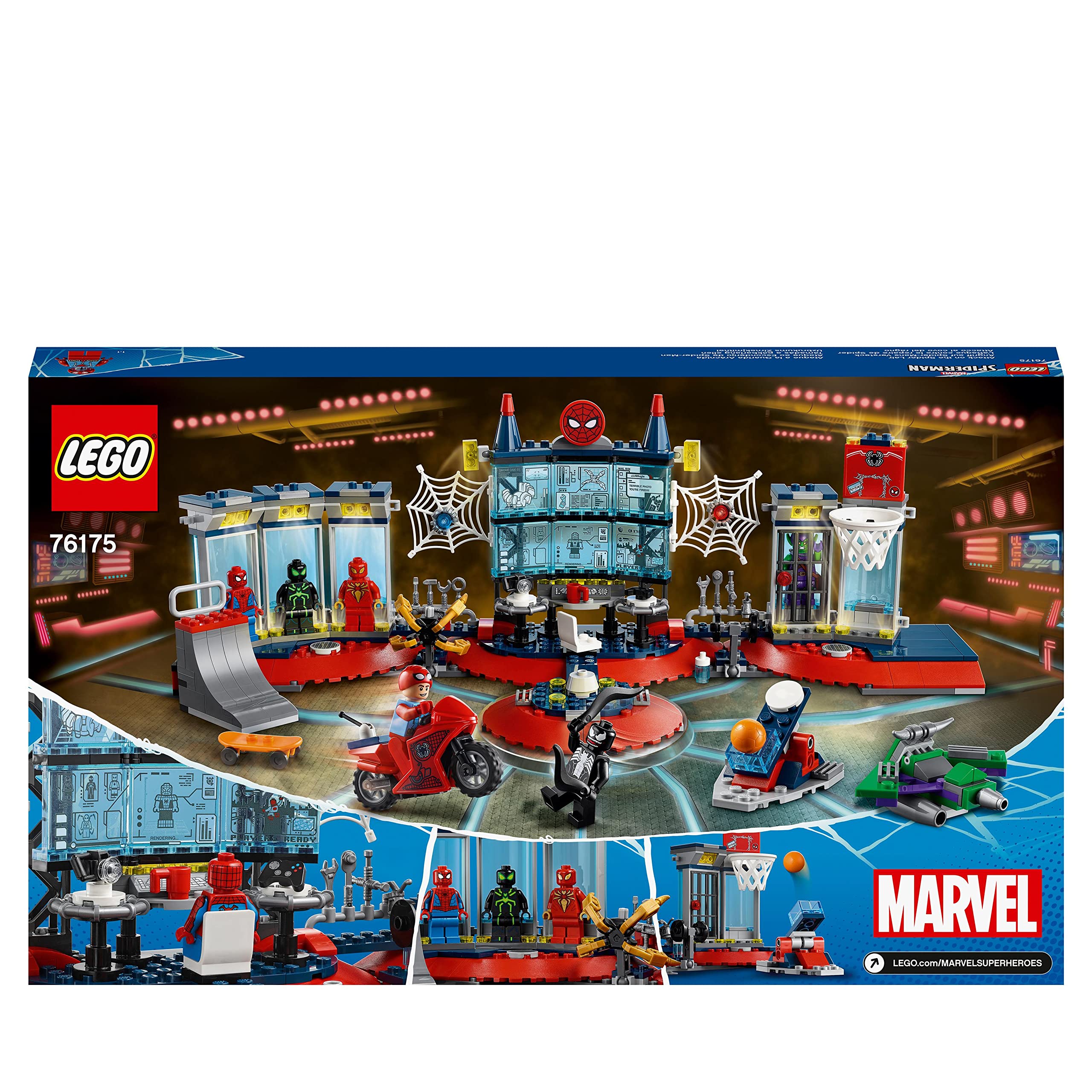 LEGO Marvel Spider-Man Attack on Spider Lair Building Toy Set with Peter's Hideout, Green Goblin & Venom Mini Figures - Superhero Play for Kids & Collectors