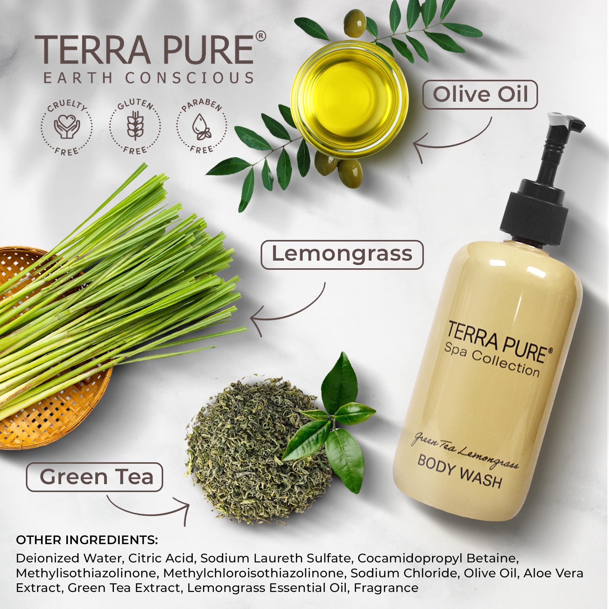 Terra Pure Spa Luxury Body Wash - 10.14oz/300ml Pump Bottle (Pack of 12) | Hotel & Resort Amenities | Moisturizing Shower Gel for Relaxation - Perfect for Home Spa, Travel & Gifting