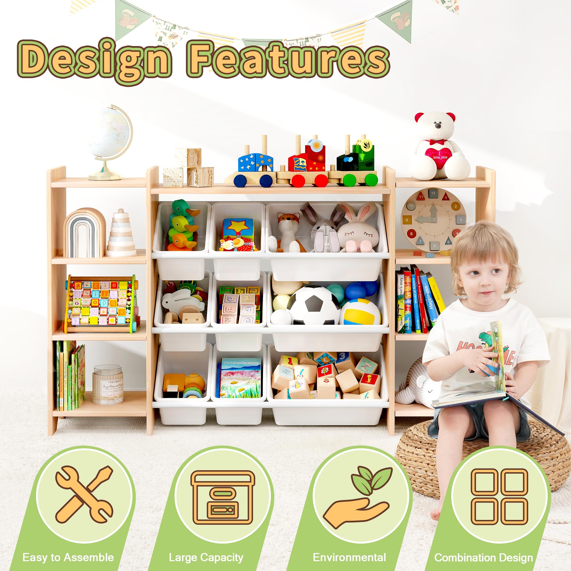 MallBest 4-Tier Kids Toy Storage Organizer Shelf - 100% Solid Wood Extra Wide Children's Storage Cabinet with 9 Plastic Bins & 6 Storage Ports | Perfect for Playroom, Bedroom & Classroom Organization