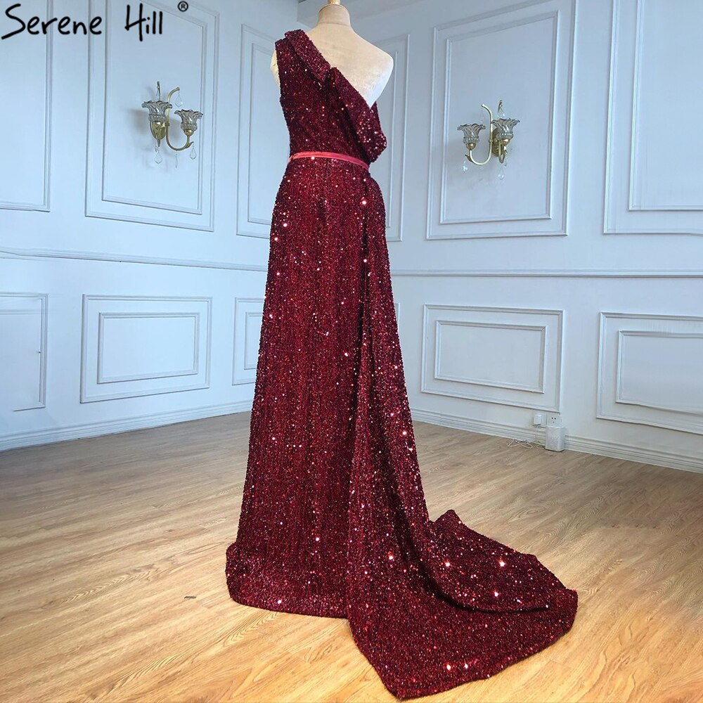 Serene Hill Wine Red Split A-Line Luxury Evening Dress Gown 2025 - One Shoulder Sexy Party Dress for Women (LA71005) | Perfect for Prom, Gala, Wedding & Formal Events