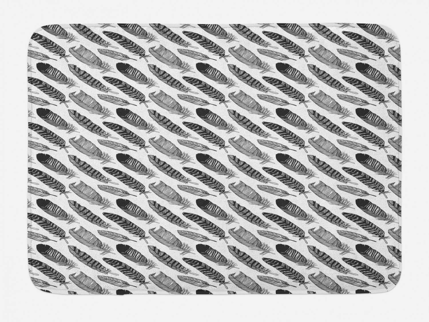 Ambesonne Bohemian Bath Mat - Hand Drawn Feather Design, Non-Slip Plush Bathroom Rug, 30.2 x 20 Inches, Charcoal Grey & White | Perfect for Boho Chic, Hippie Style, and Vintage Decor Bathrooms