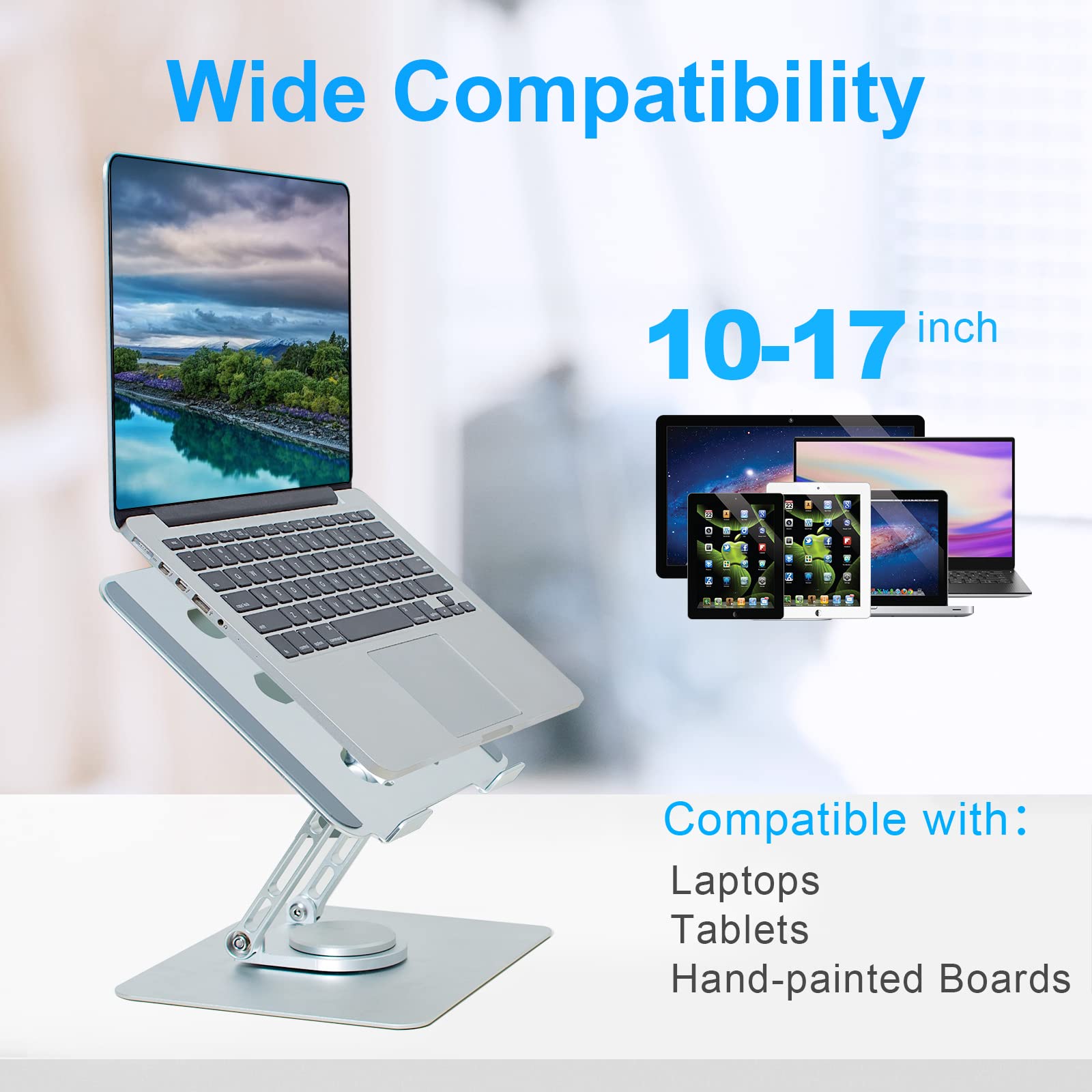 360° Rotating Foldable Laptop Stand - Adjustable Aluminum Alloy Cooling Riser for 10-17 Inch Notebooks, Compatible with MacBook, iPad, Dell, Asus, HP, Lenovo & More - Perfect for Home, Office, and Travel Use