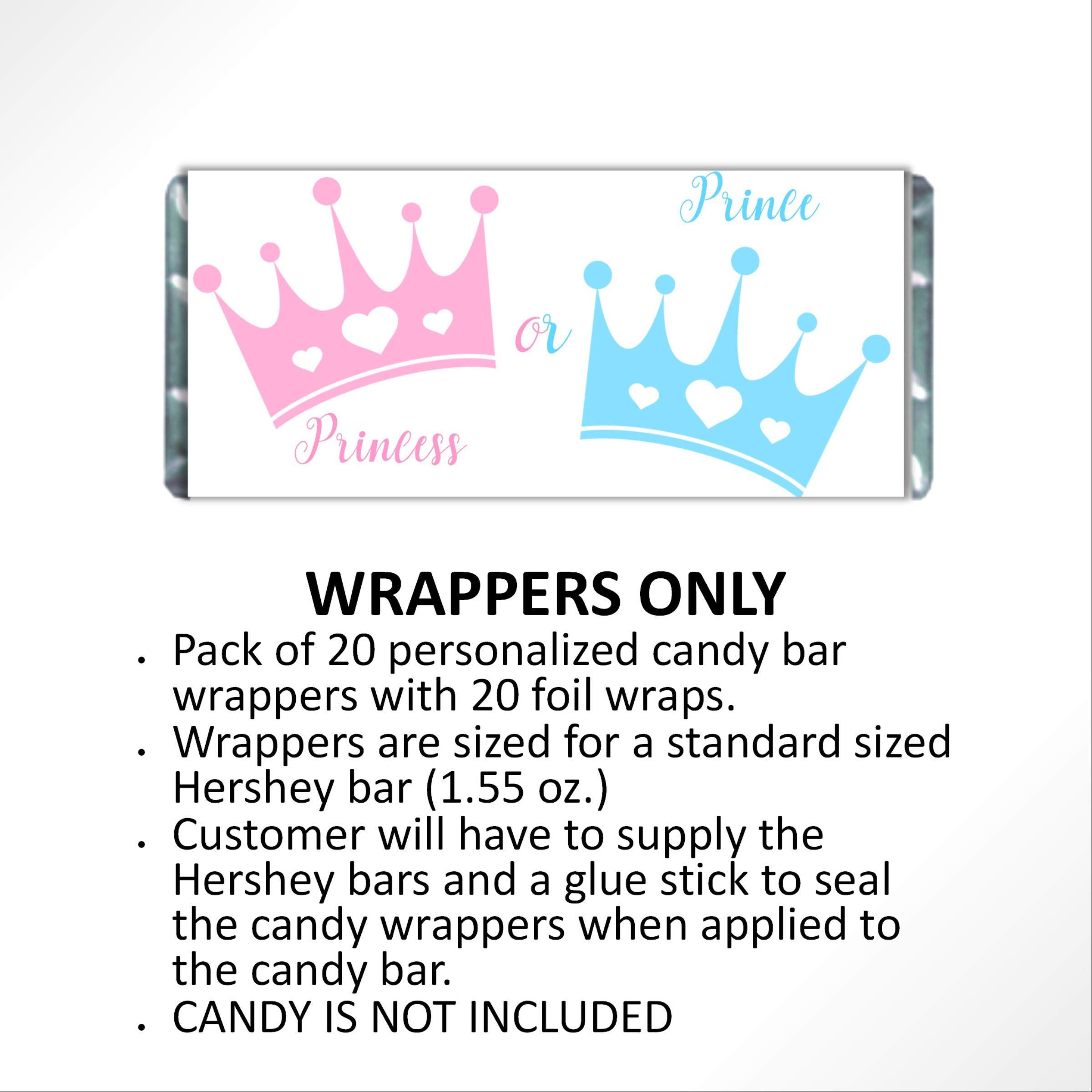 Royal Baby Gender Reveal Candy Wrappers - 20 Pack Prince/Princess Chocolate Bar Labels for Gender Reveal Party Favors & Baby Shower Decorations