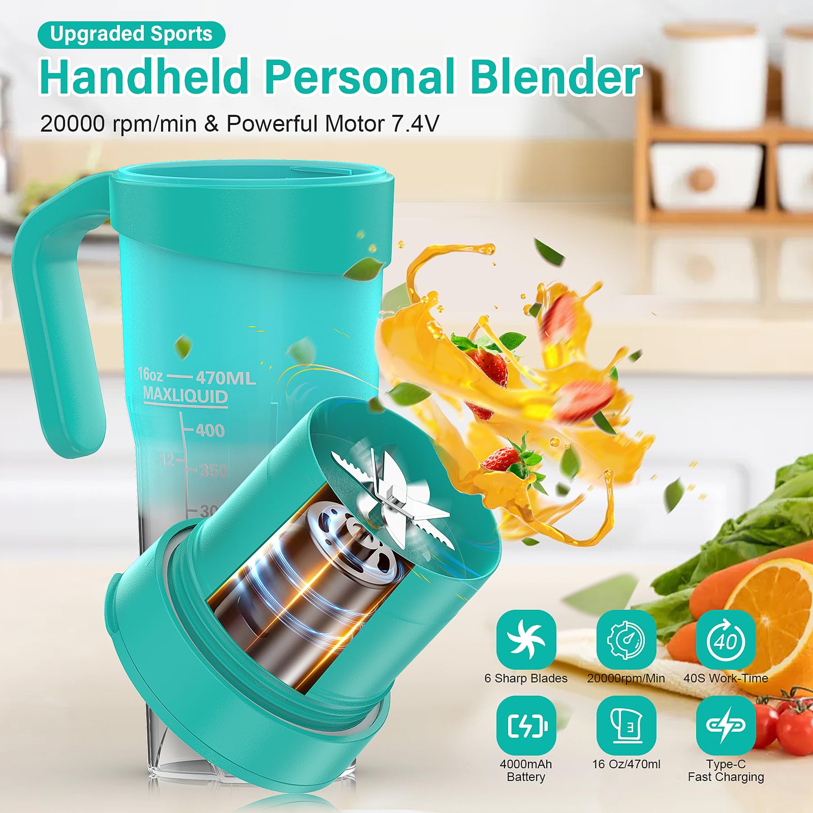 Portable USB Rechargeable Blender - 16oz (470ml) Mini Personal Blender with 6 Blades for Smoothies, Shakes & Baby Food | Travel, Kitchen & Gym Use | Green by HUIJUTCHEN
