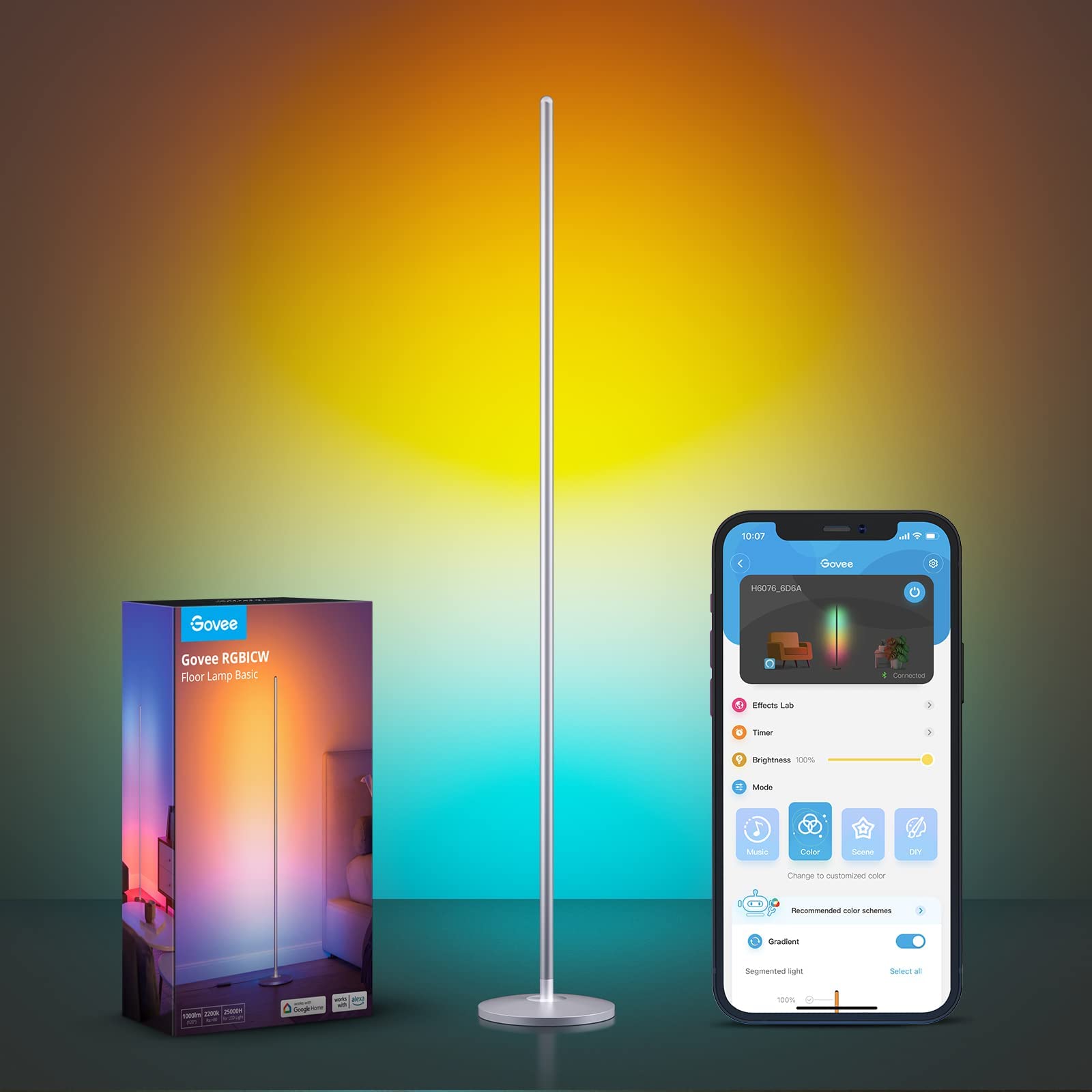 Govee RGBIC Smart Floor Lamp with Alexa & Music Sync - 16 Million DIY Colors, Modern LED Corner Standing Lamp for Bedroom & Living Room - Silver | Mood Lighting for Parties, Gaming & Home Decor