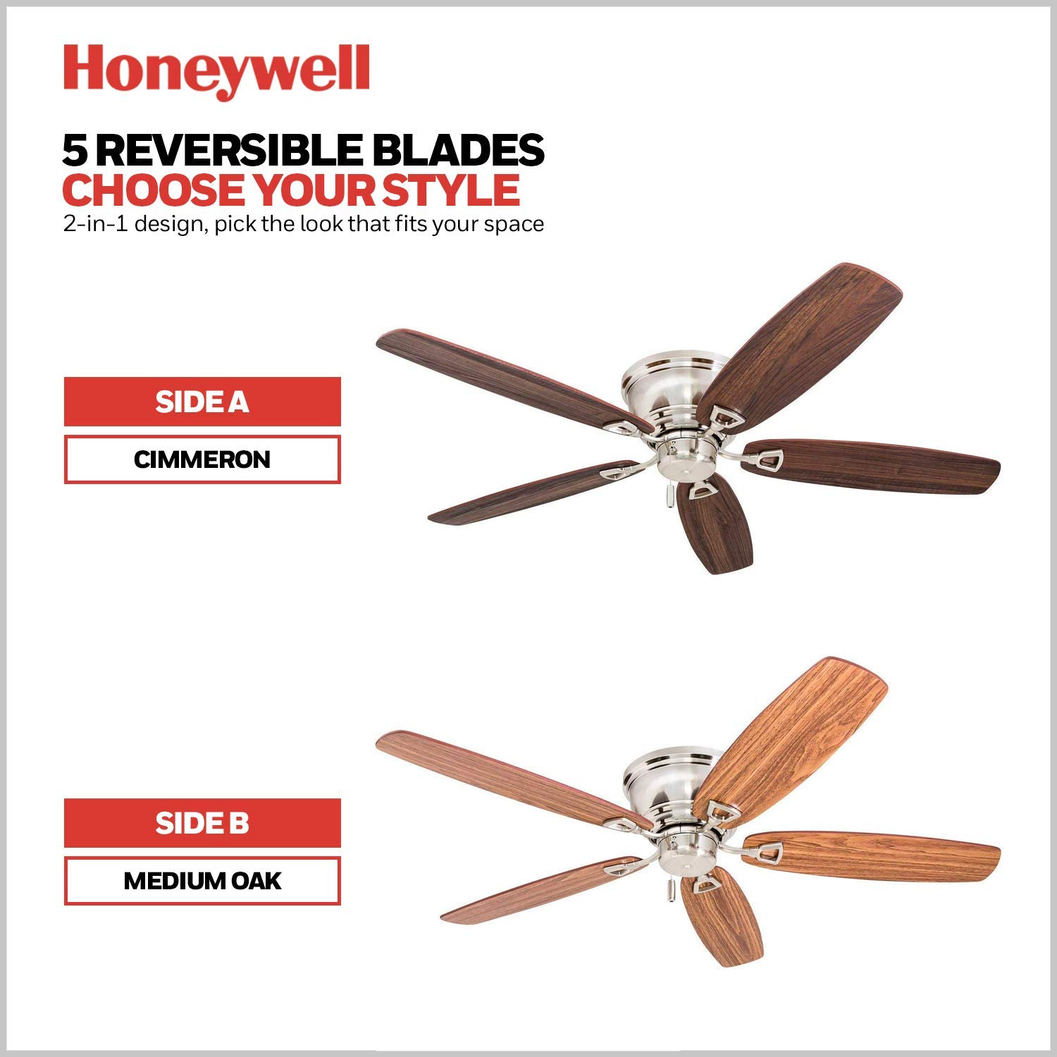 Honeywell 52 Inch Glen Alden Indoor Ceiling Fan - Brushed Nickel Finish, Flush Mount, No Light, Pull Chain Control, Reversible Motor, Quick-2-Hang Installation - Perfect for Living Room, Bedroom, or Office (Model 50515-01)