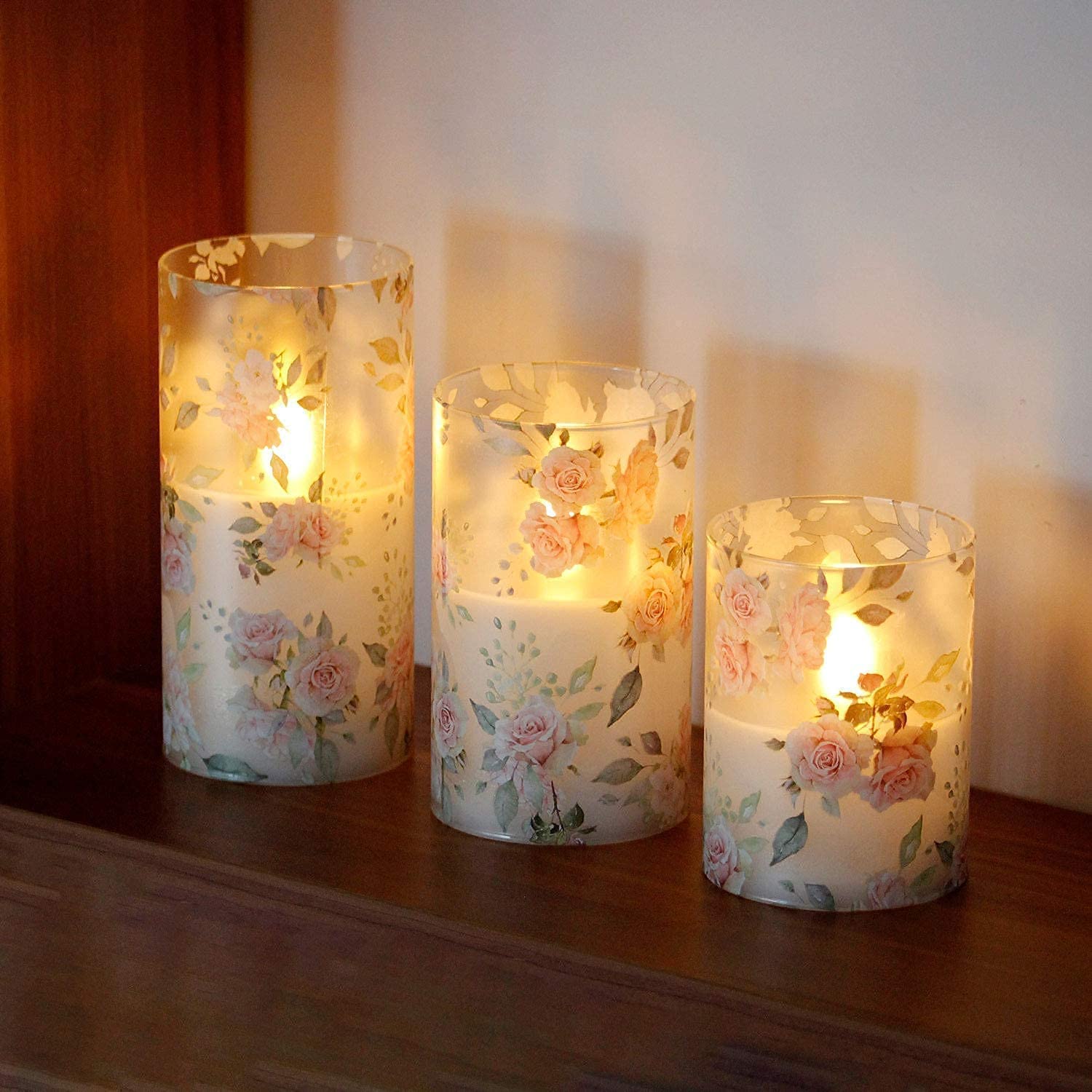 Realistic Pink Rose Flameless LED Candles with Remote - Battery Operated Flickering Glass Pillar Candles for Romantic Bedroom Decor, Wedding Centerpiece & Home Table Decoration