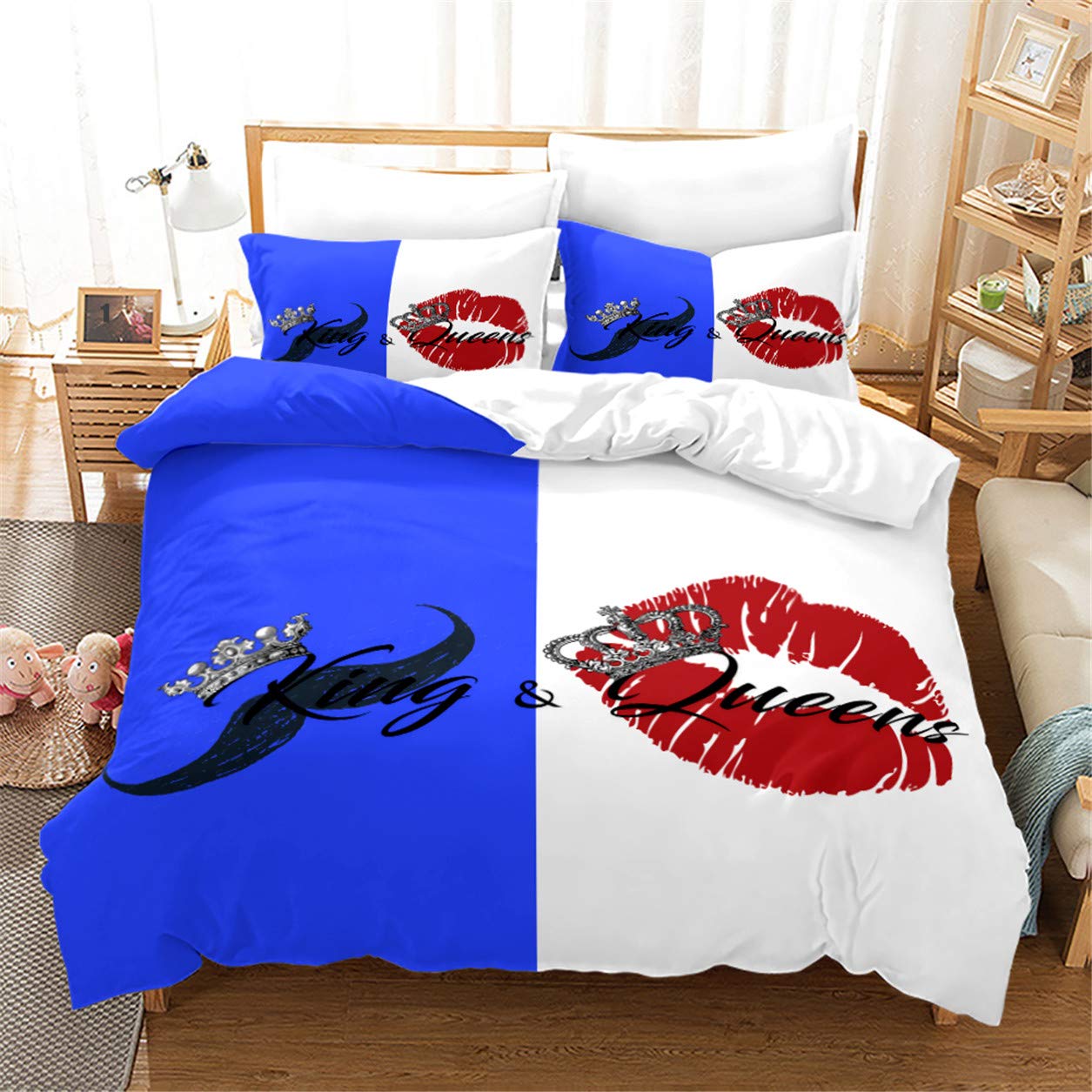 EDUMEYA His and Her Duvet Cover Set - King & Queen Size 3-Piece Bedding for Couples | Blue & White Romantic Valentine's Gift | Includes 1 Duvet Cover + 2 Pillowcases | Perfect for Anniversary, Wedding, or Romantic Bedroom Decor