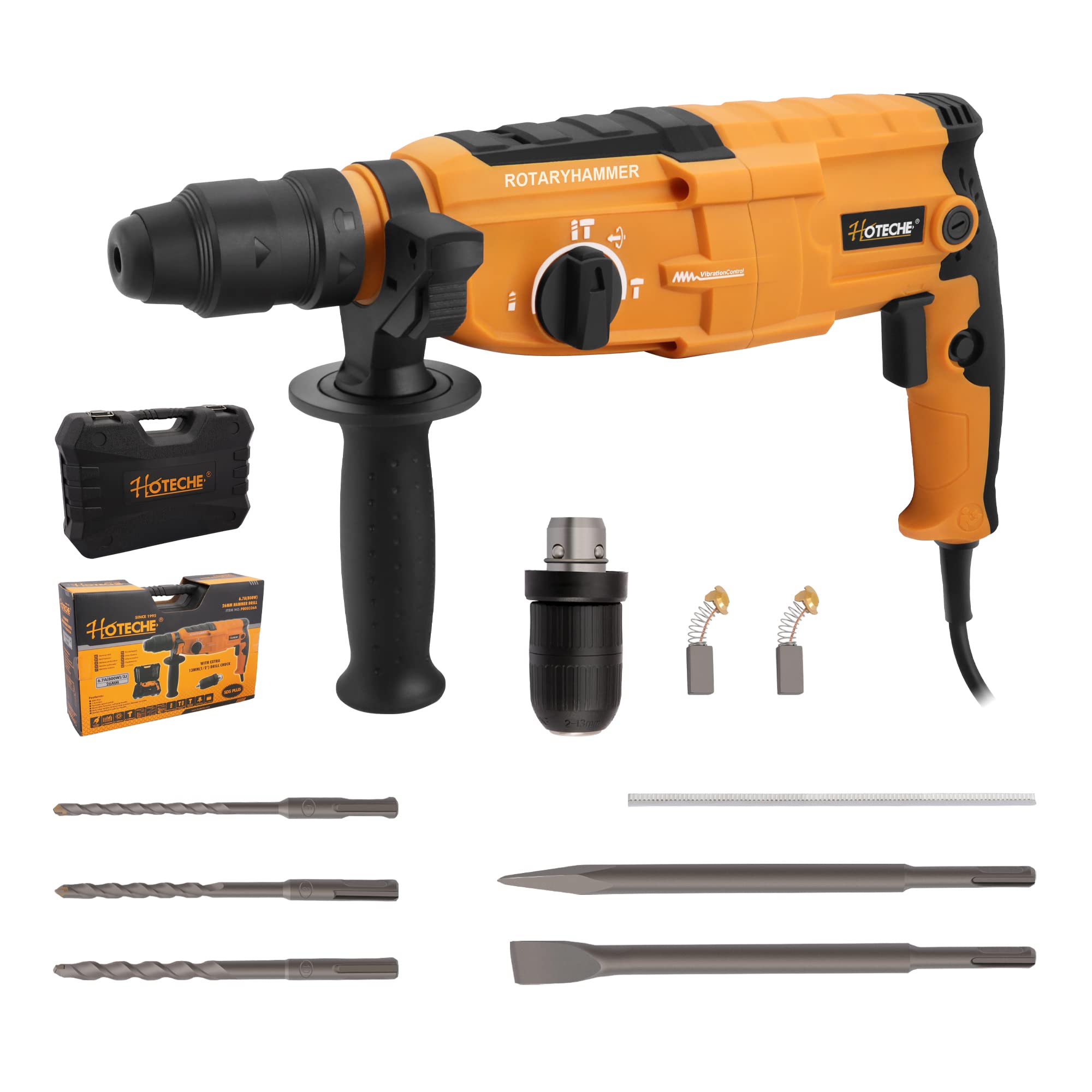 Hoteche 3-in-1 Rotary Hammer Drill 800W 6.7-Amp SDS Plus Electric Hammer with Variable Speed - 1/2 Inch Chuck, Drill Bits & Chisels Included - Perfect for Concrete Drilling, Demolition & Masonry Work
