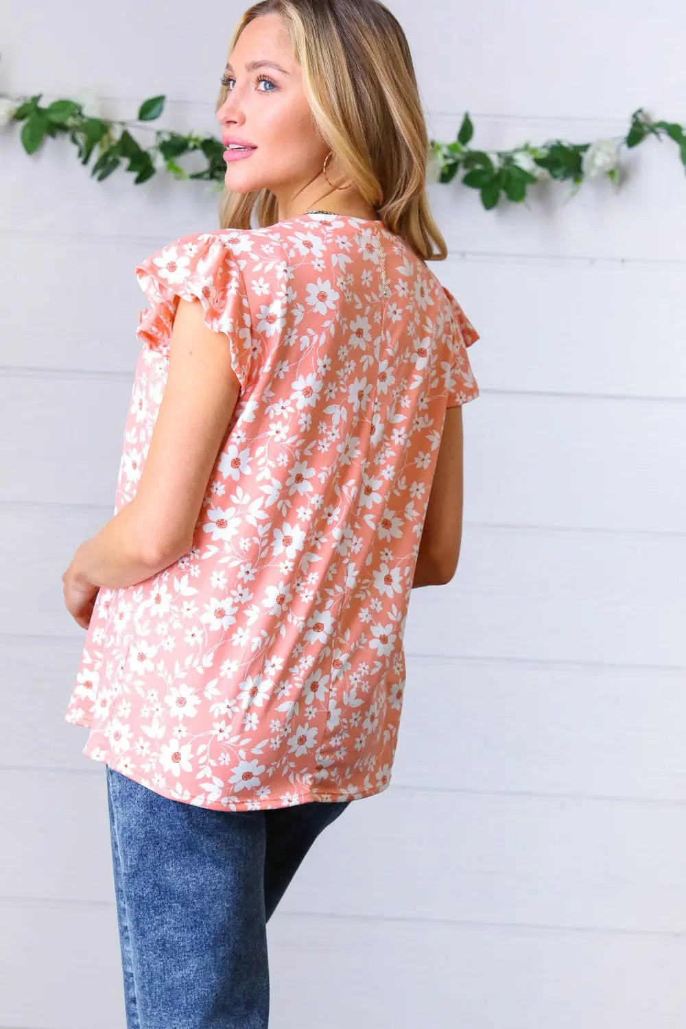 Peach Floral Print Frilled Short Sleeve Yoke Top for Women | Summer Blouse | Casual & Party Wear