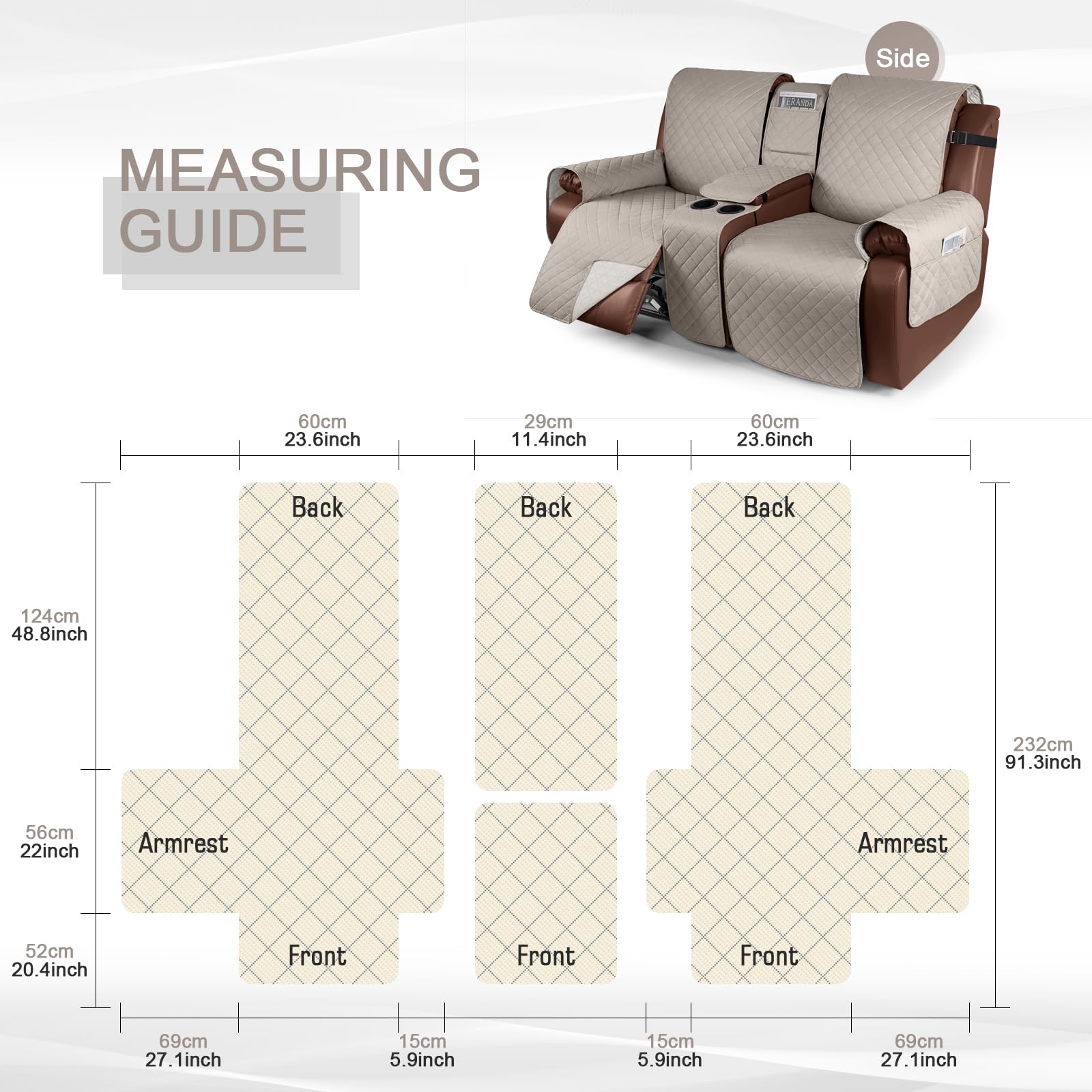 KinCam 100% Waterproof Recliner Loveseat Cover - Non-Slip Reclining Couch Covers for 2 Seater Sofas, Stretchable Furniture Protector with Elastic Straps for Kids & Pets (Khaki) - Perfect for Living Room, Family Room & Pet-Friendly Homes
