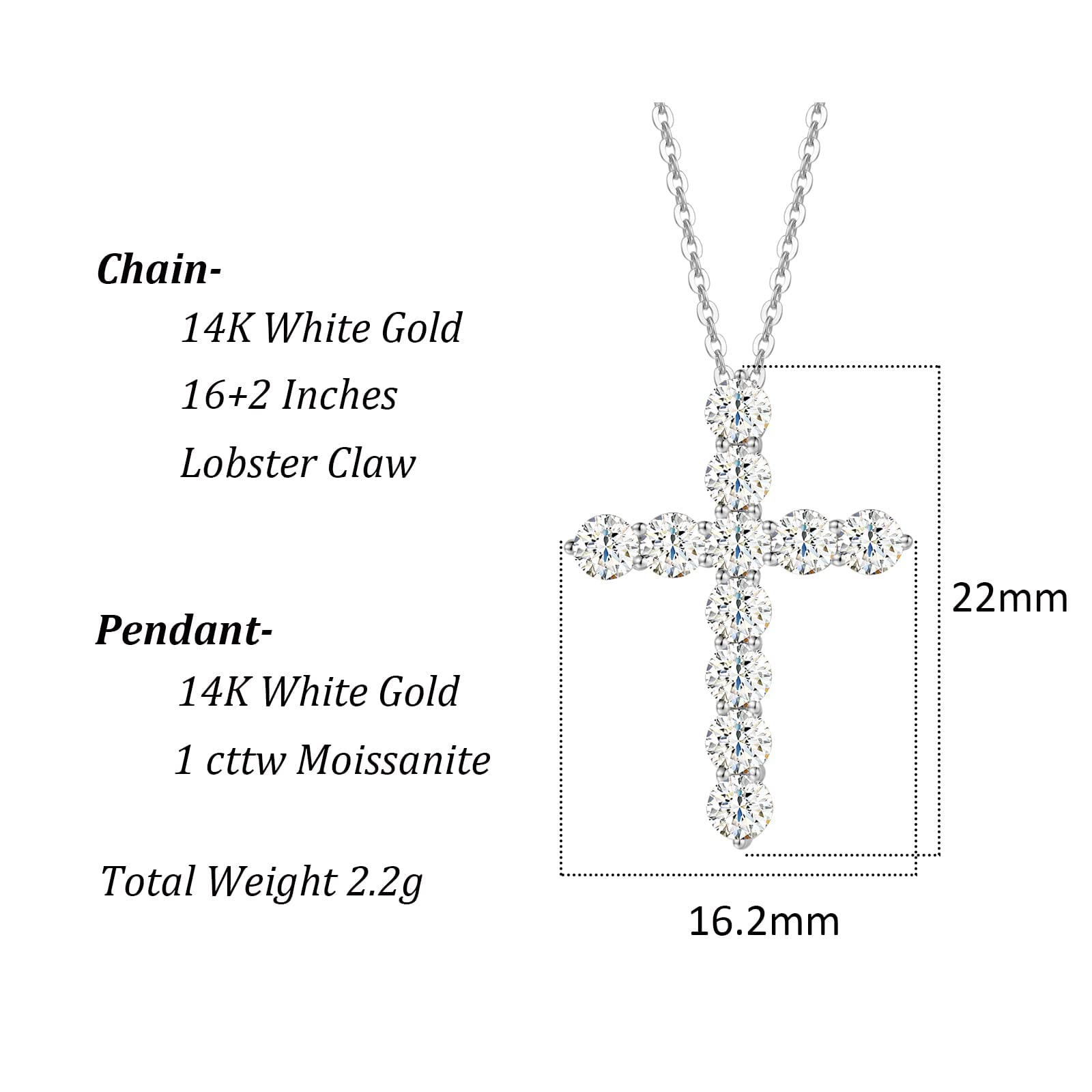 0.5CT 1CT 2CT White Moissanite Cross Pendant Necklace - 14K Solid White Gold 3 Prong Setting Fine Jewelry for Women - Perfect Anniversary, Christmas Gift & Everyday Elegance (Wedding, Church, Special Occasions)