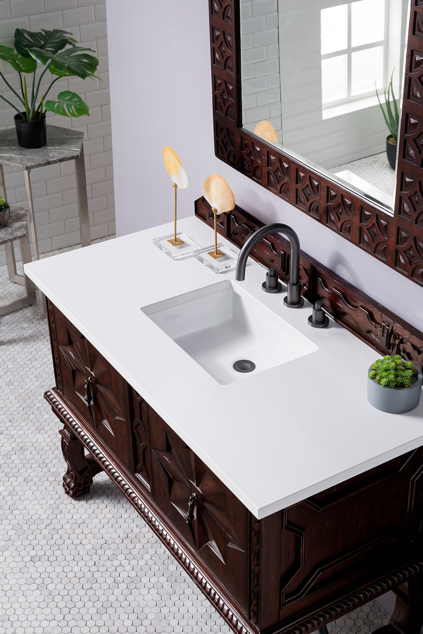 Balmoral 48 Inch Single Bathroom Vanity Cabinet in Antique Walnut with 3CM Classic White Quartz Countertop - Perfect for Modern & Traditional Bathroom Remodels