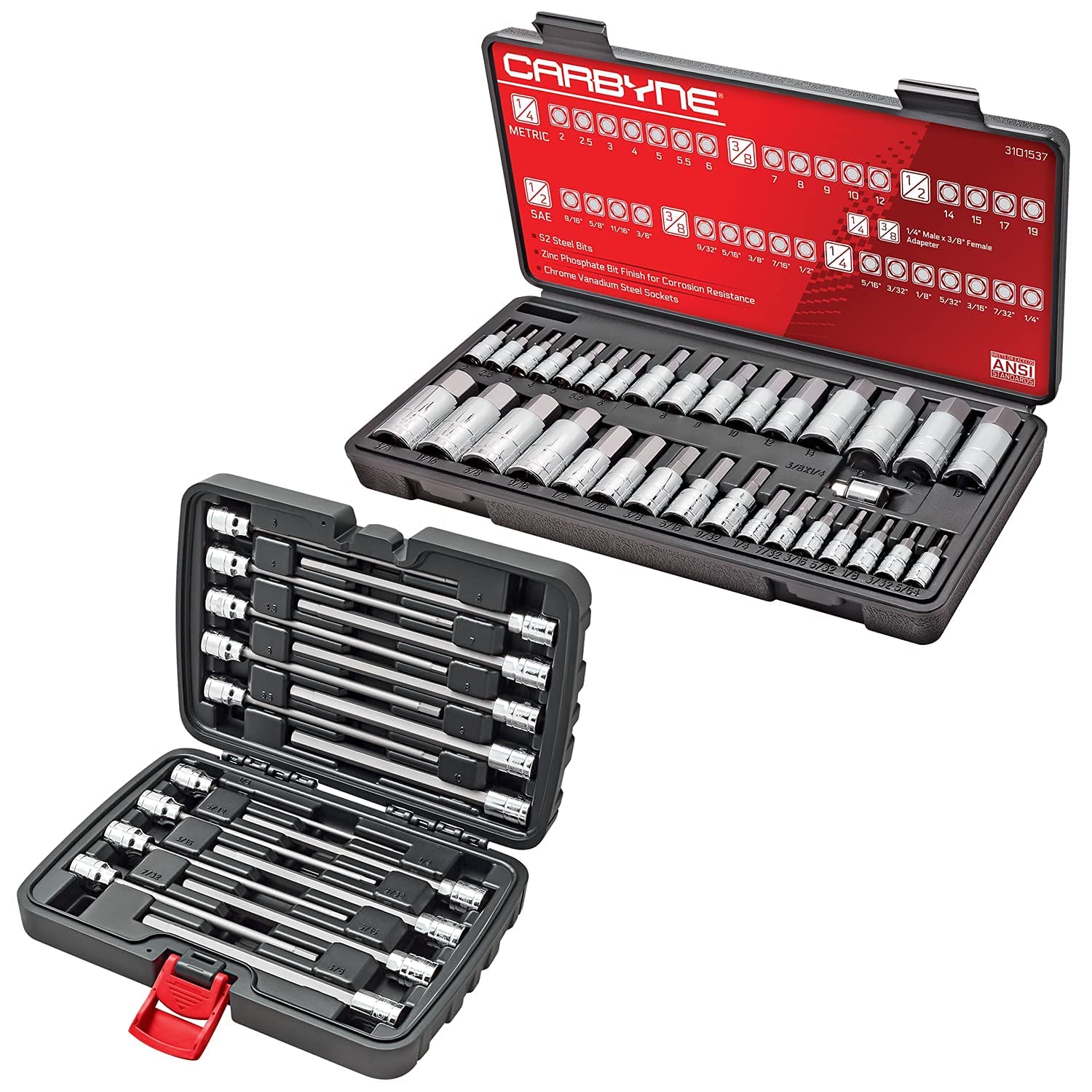 CARBYNE 51-Piece Hex Bit Socket Set - SAE & Metric Master Kit with Standard & Extra Long Sockets for Automotive, DIY & Professional Toolbox - Durable Alloy Steel Construction for Heavy-Duty Use