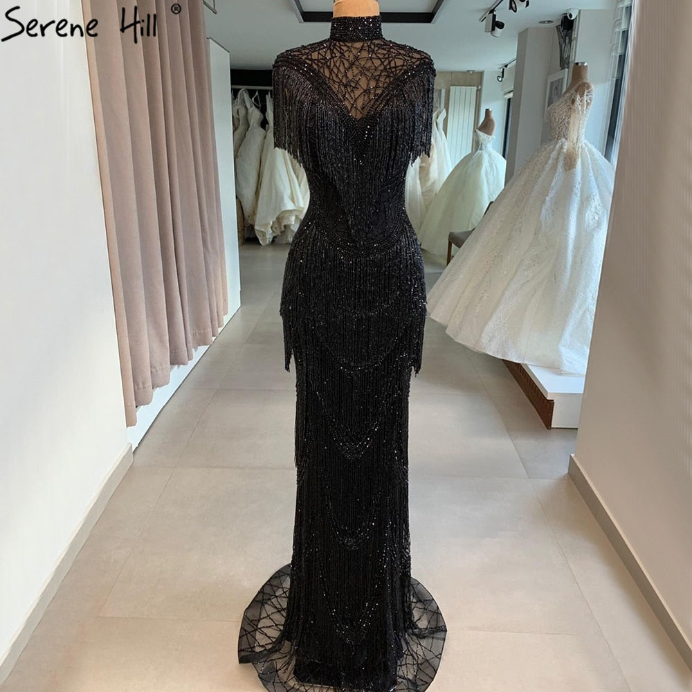 Elegant Grey Mermaid Evening Gown with Cap Sleeves & Beaded Tassel Details - Women's Luxury Party Dress for Prom, Gala & Special Occasions - Serene Hill Collection LA70529