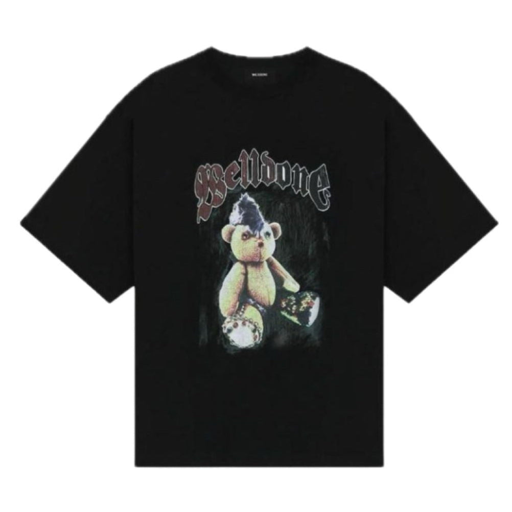 WE11DONE Black Punk Teddy Graphic T-Shirt for Men & Women | Vintage Streetwear Style | Perfect for Concerts, Casual Outfits, and Urban Fashion