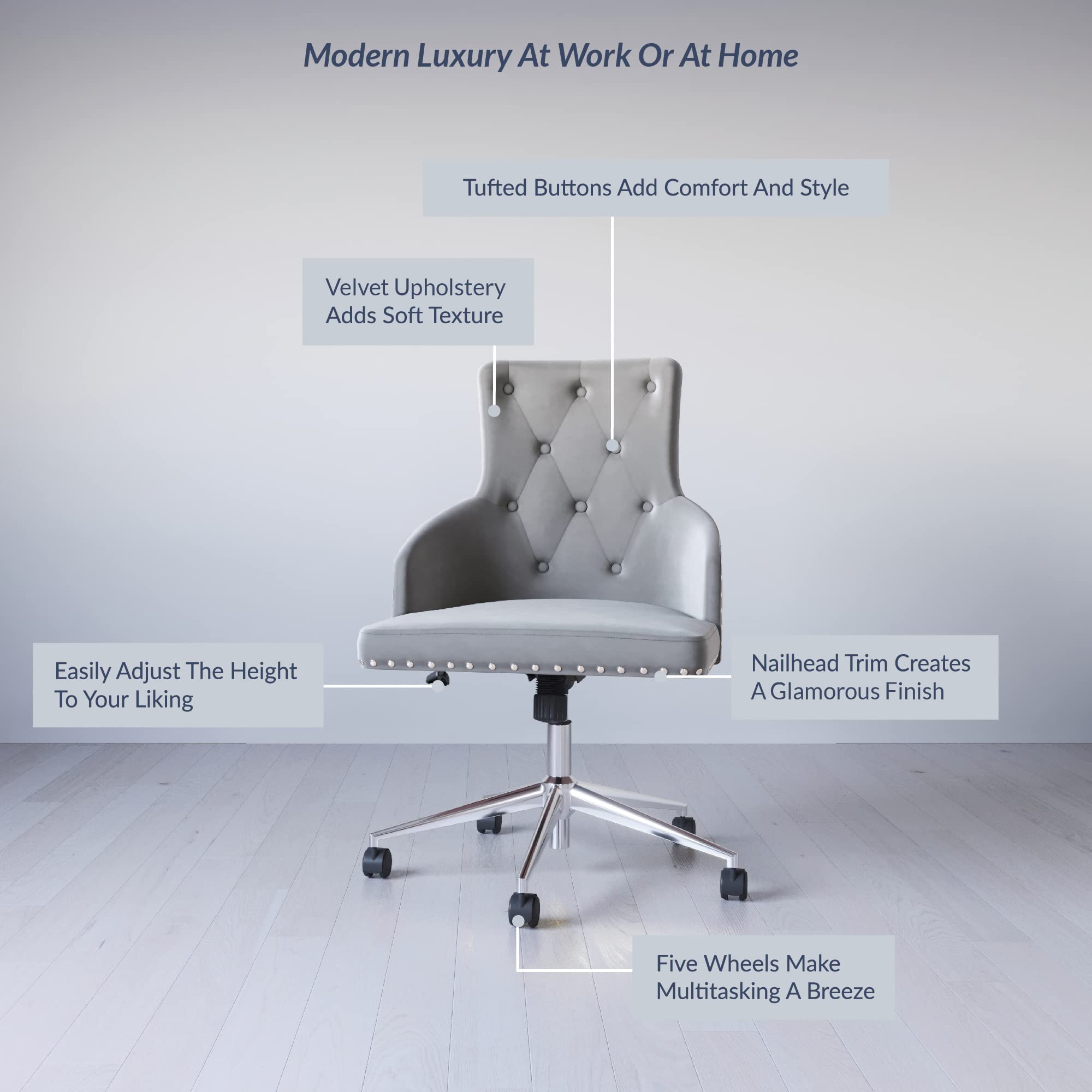 BELLEZE Modern Velvet Desk Chair - Adjustable Height Swivel Office Chair with Wheels, Tufted Upholstered Seat & Slim Arms for Home Office, Bedroom Vanity or Study Room - Gray (Belden Collection) - Perfect for Working from Home, Online Classes & Makeup Vanity