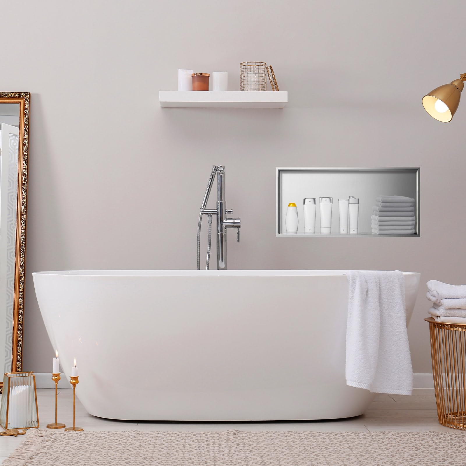 SaniteModar 12x24 Inch Stainless Steel Shower Niche - No Tile Needed Recessed Bathroom Storage Shelf (Brushed Silver) | Perfect for Shampoo, Soap & Bath Essentials Organization