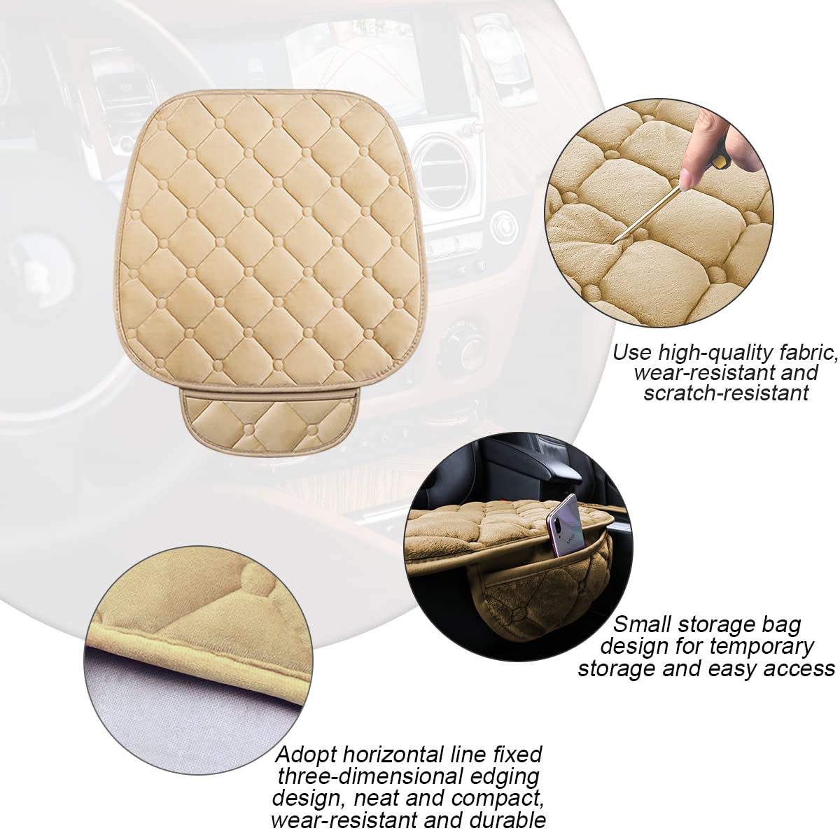 3PCS Velvet Breathable Car Seat Cushion Set with Memory Foam & Non-Slip Bottom - Front & Back Seat Protector for Cars, SUVs, Trucks | Comfortable Driving & Long Trip Support (Beige)