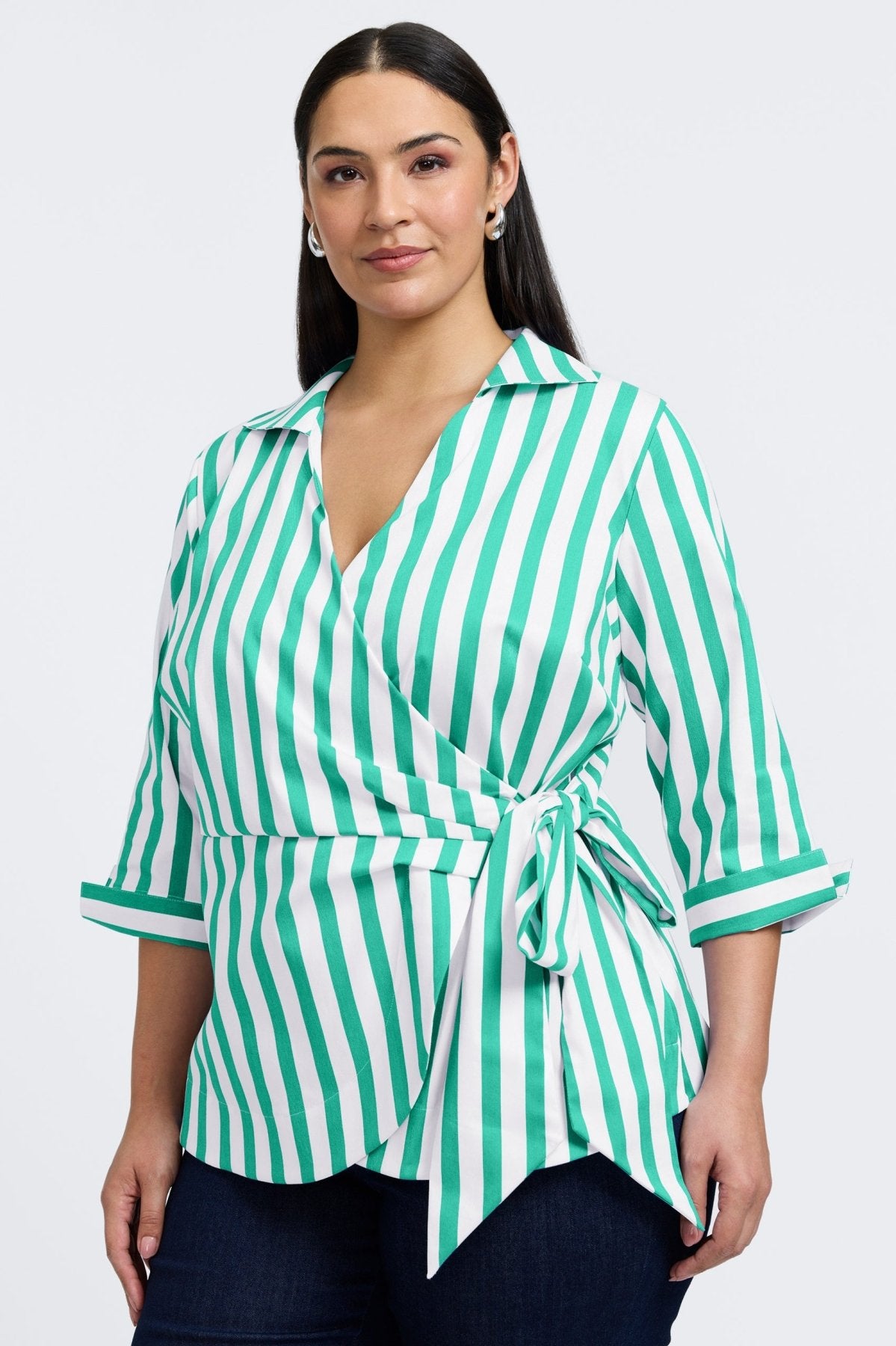 Salina Plus Women's Springtime Stripe 3/4 Sleeve Blouse - Floral Print Casual Top for Office Wear & Spring Outfits