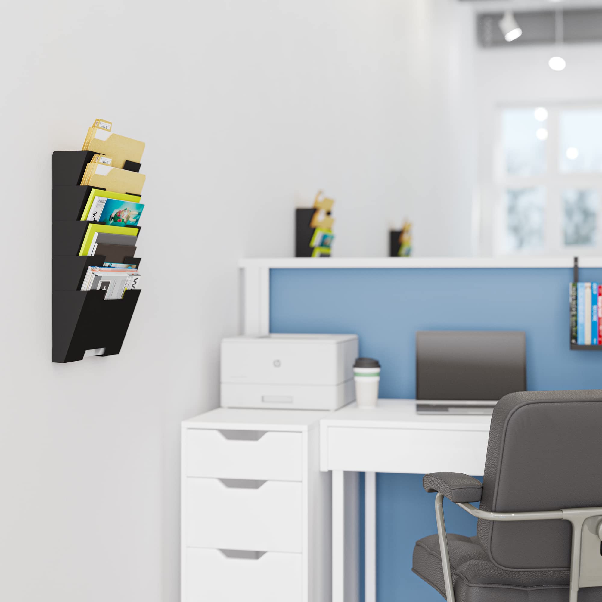 Wallniture Lisbon 5-Tier Metal Wall Mounted File Organizer - Office Storage Rack for Files, Magazines & Documents - Space-Saving Wall Mount Holder - Black Home & Office Decor - Perfect for Small Spaces, Home Offices & Workstations