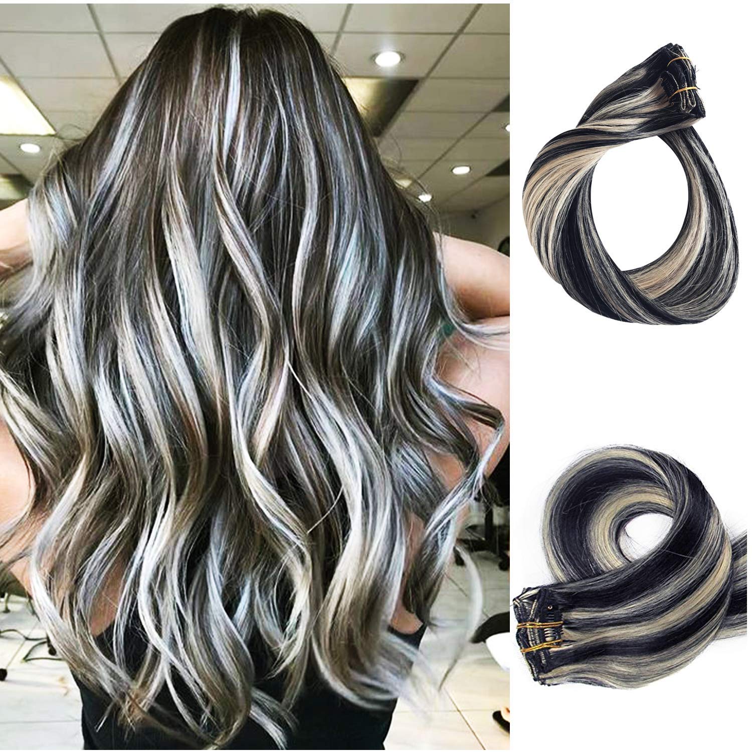 Natural Black 24 Inch Blonde Highlight Curly/Wavy Hair Extensions for Women - Full Head 5 Clip-in Human Hair Wigs for Daily Styling & Special Occasions