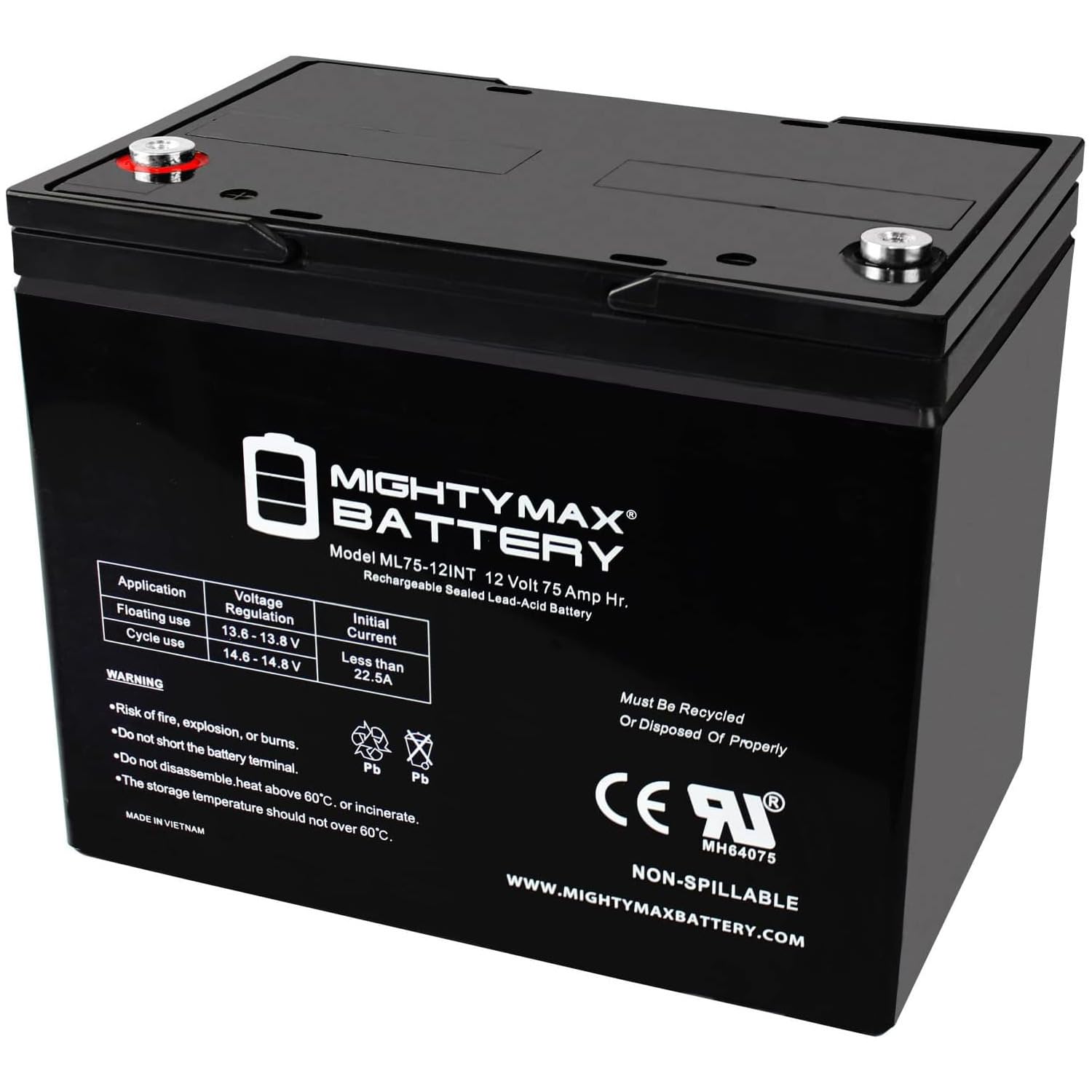 Mighty Max 12V 75Ah AGM Deep Cycle Battery with Internal Thread - Replacement for Wayne Basement Guardian Sump Pump - Perfect for Home Backup Power, Solar Systems & Marine/RV Use