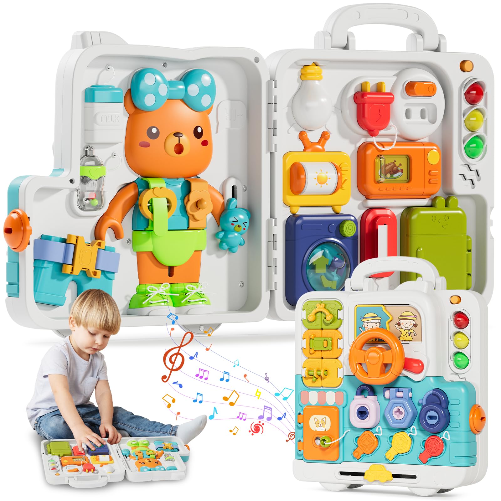 Montessori Busy Board for Toddlers 1-3 Years - Musical Sensory Learning Toy for 12-18 Month Old Babies - Fine Motor Skills Development Activity Board - Perfect Birthday Gift & Travel Toy for Boys & Girls - Great for Home Play, Daycare & Road Trips