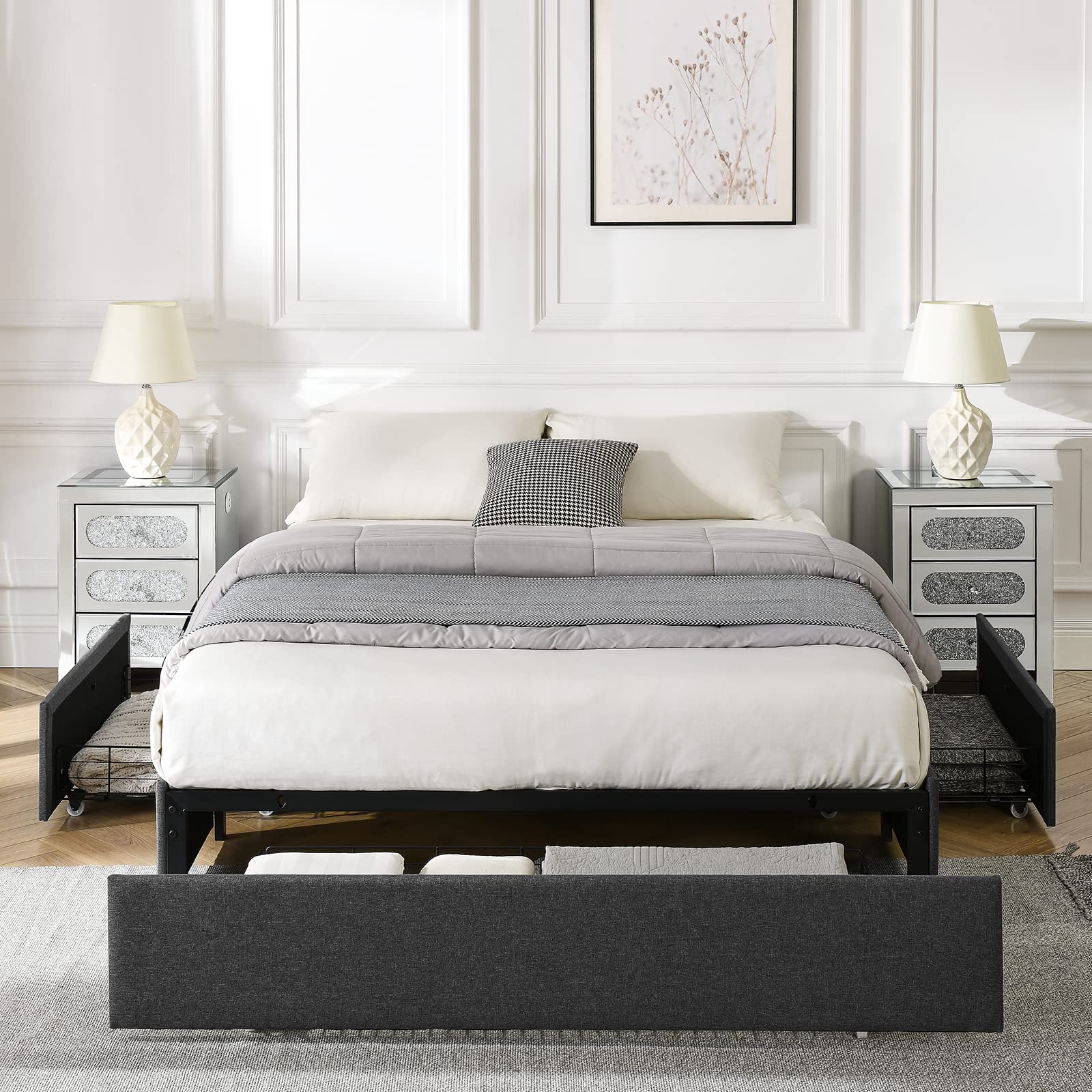 LAGRIMA Full Size Upholstered Platform Bed Frame with 3 Storage Drawers & Footboard - Wooden Slat Mattress Foundation, Easy Assembly Space-Saving Bedroom Furniture (Dark Grey) - Perfect for Small Apartments, Guest Rooms & Modern Home Decor