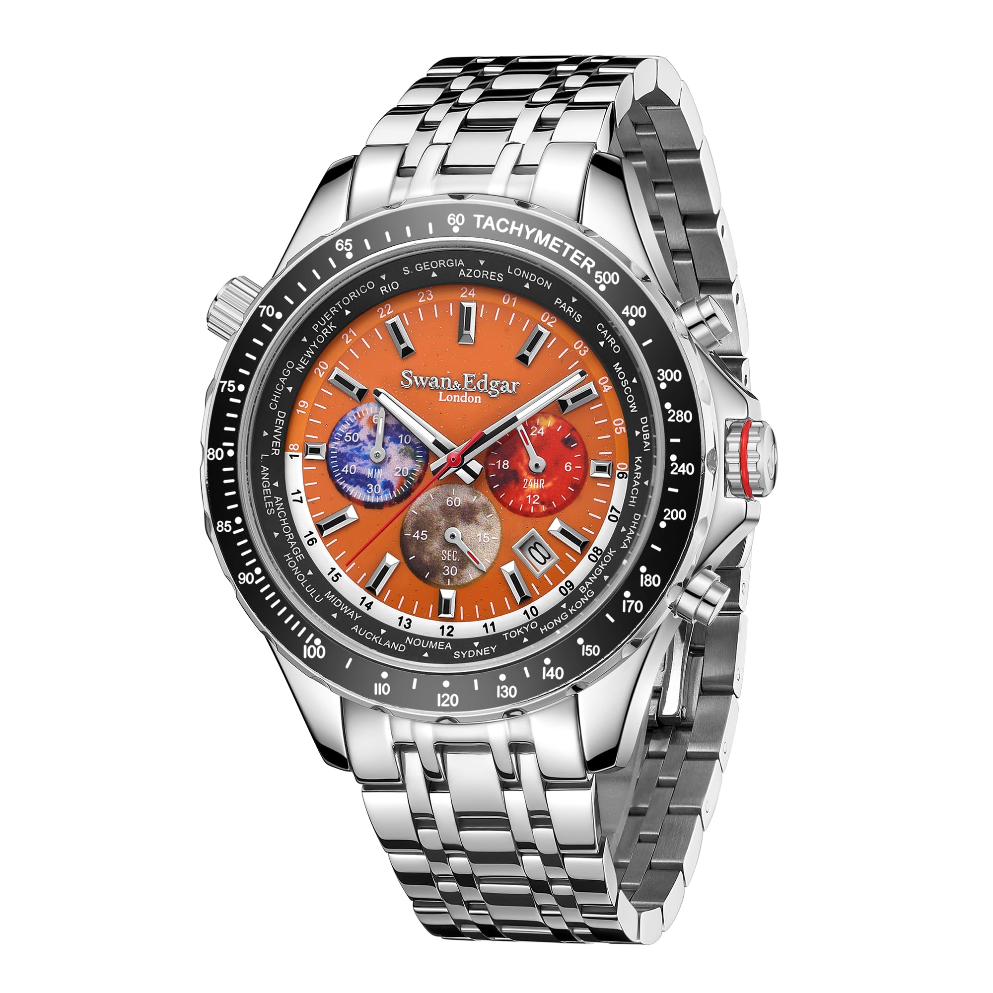 SWAN AND EDGAR World Timer Chronograph Watch for Men - Mechanical Quartz Movement, Scratch-Resistant Sapphire Crystal, 30m Water Resistant, Hand-Assembled with 5-Year Warranty | Perfect for Business, Travel & Formal Occasions