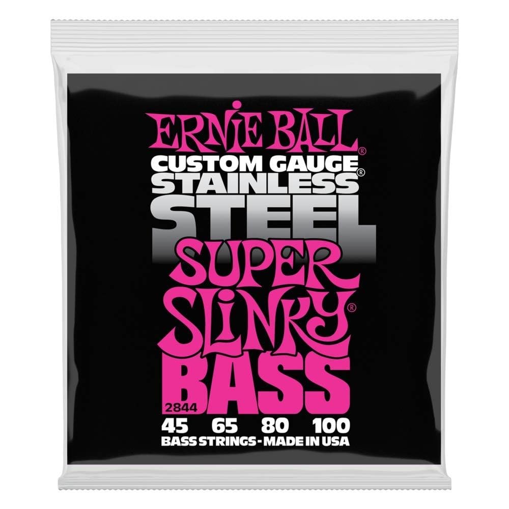Ernie Ball Super Slinky Stainless Steel Bass Guitar Strings 45-100 Gauge (P02844) - Perfect for Rock, Metal & Studio Recording