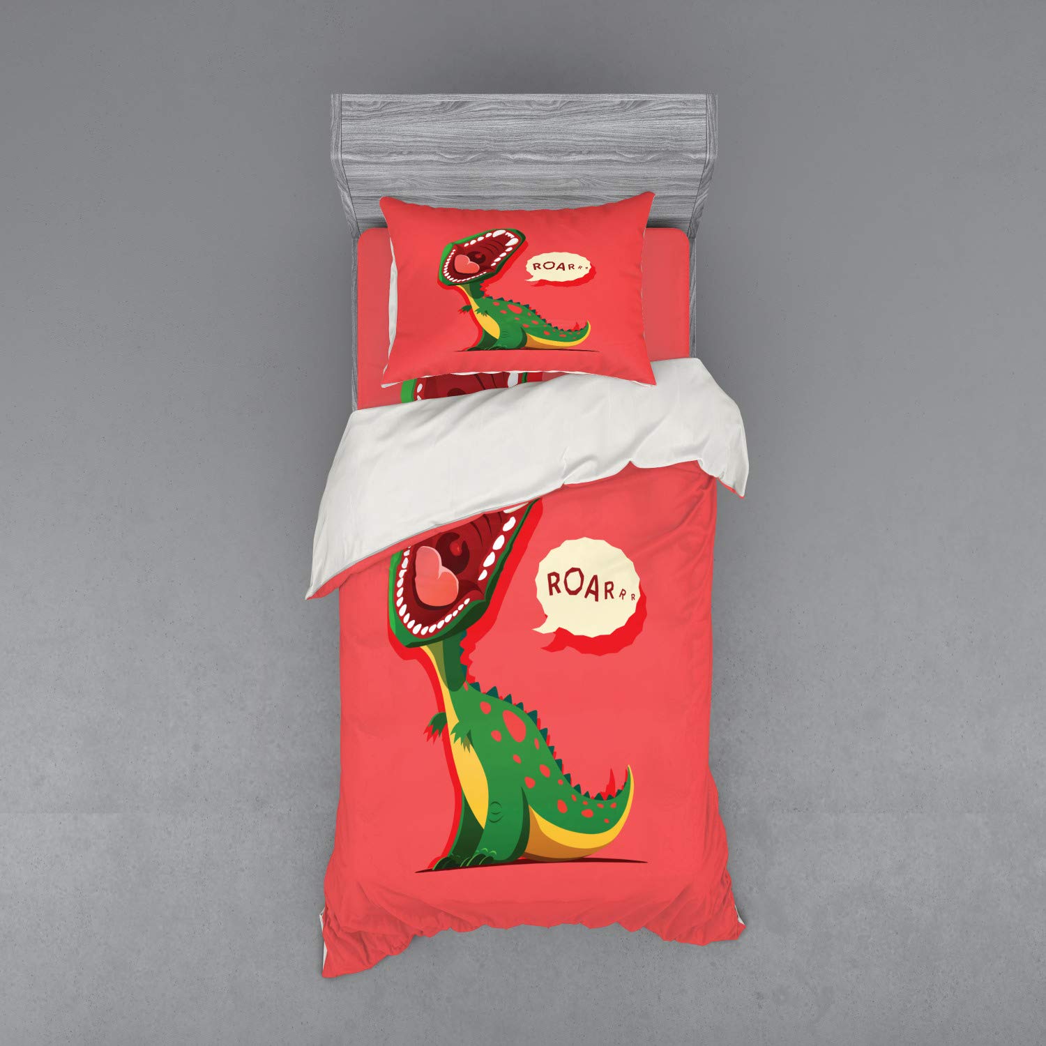 Ambesonne Dinosaur Duvet Cover Set - 3 Piece Twin Size Bedding with Sham & Fitted Sheet, Prehistoric Cartoon Animal Print in Coral Green & Yellow | Perfect for Kids Room, Dinosaur Themed Bedroom & Unique Gift for Jurassic Lovers