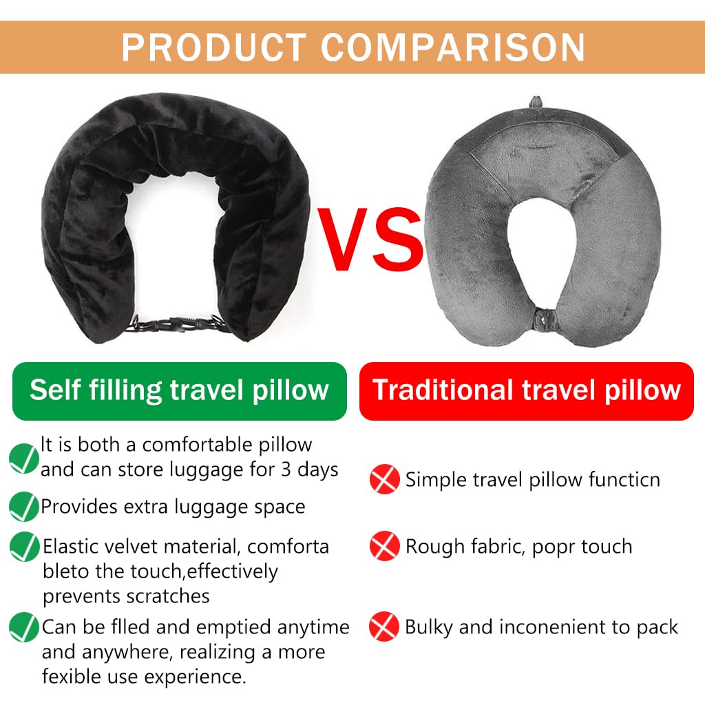 HANNEA® Adjustable Stuffable Travel Neck Pillow - Soft Velvet U-Shaped Pillow Cover for Airplane, Car & Office - Packable Clothing Storage Case - No Filler Included - Perfect for Long Flights & Road Trips
