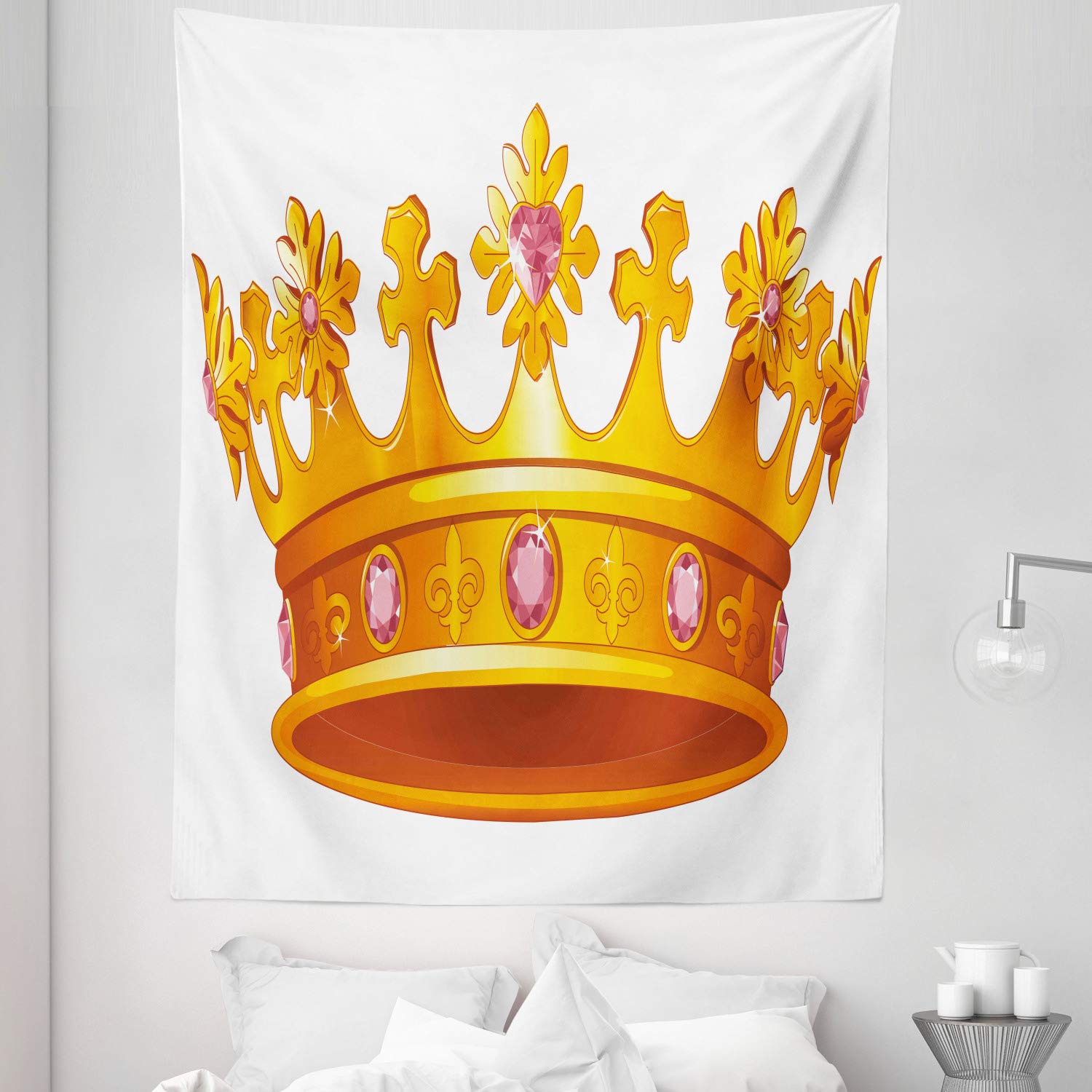 Ambesonne Queen Tapestry - Twin Size Crown Design with Pale Pink Gemstone Antique Tiara Nobility Cartoon - 68