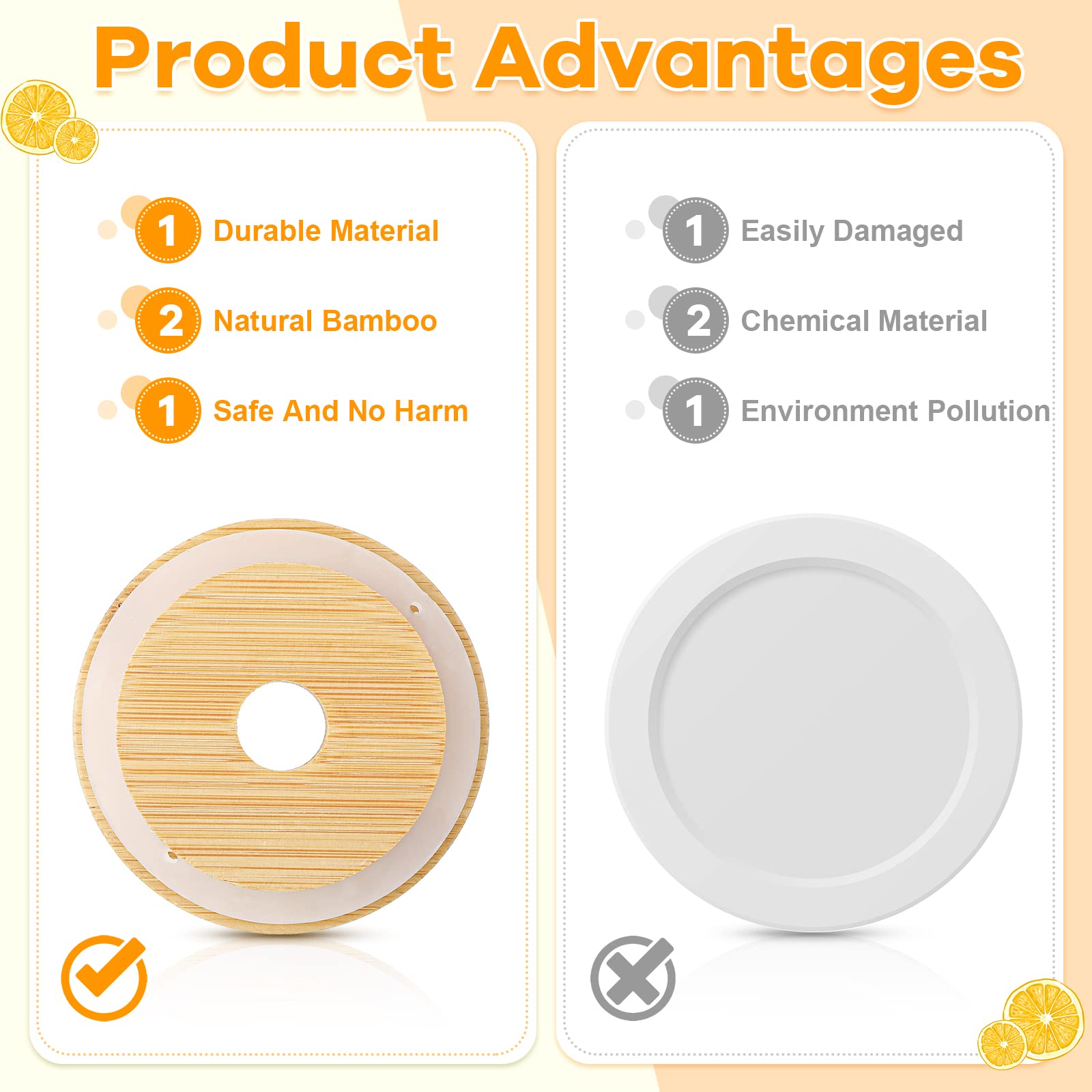 100-Pack 70mm Reusable Bamboo Jar Lids with Straw Hole & Silicone Ring - 2.76