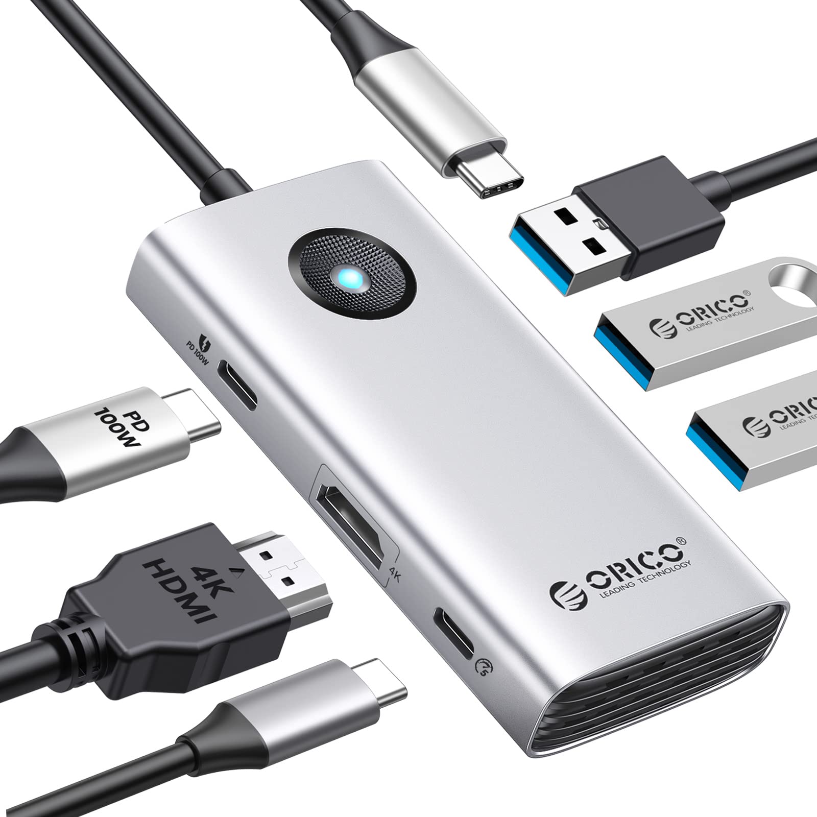 ORICO 6-in-1 USB C Hub with 4K HDMI, 100W PD, 3 USB 3.0 - for MacBook & Laptops