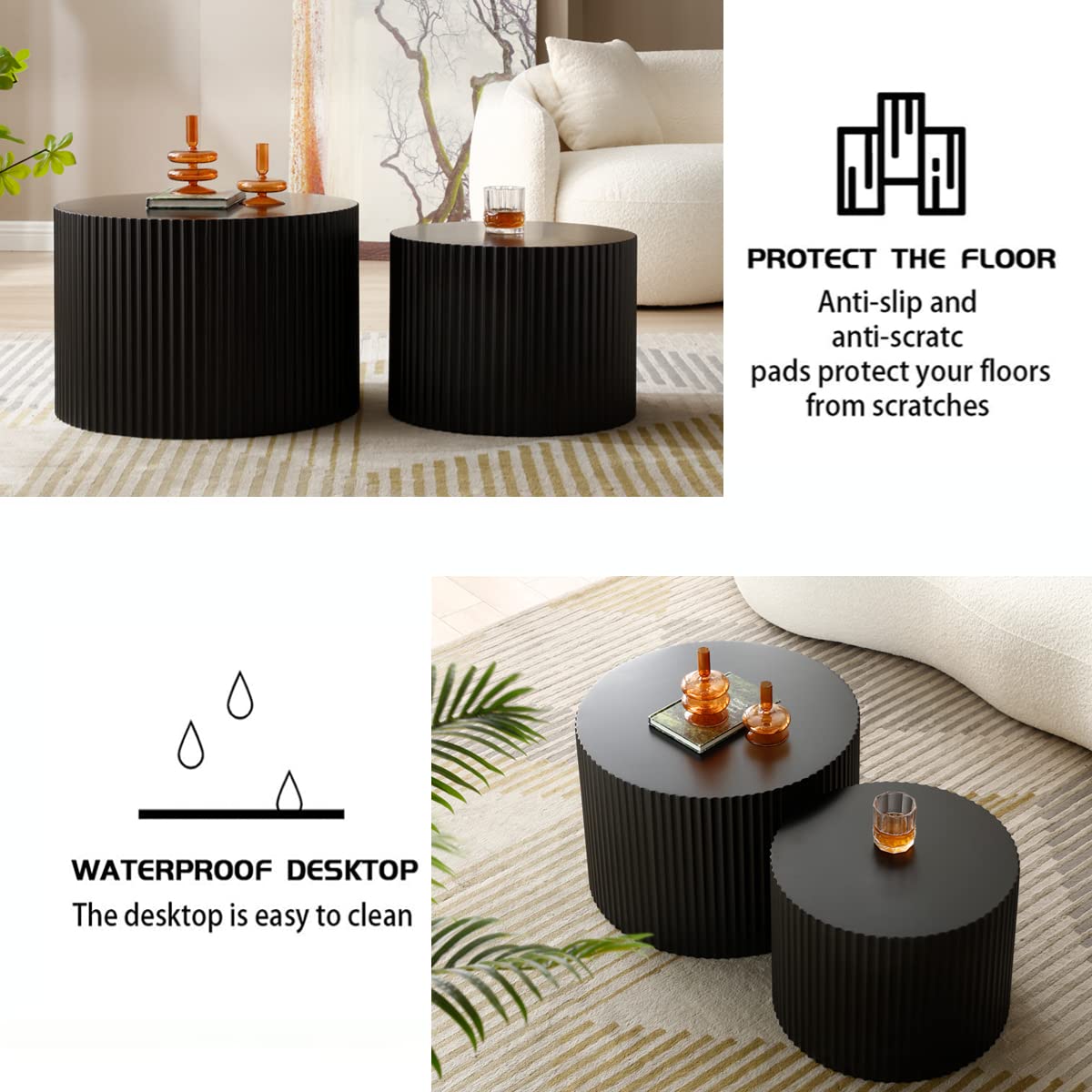 Handcrafted MDF Round Nesting Coffee Table Set of 2 - Black End Tables for Living Room & Office | Space-Saving Modern Home Decor for Small Spaces