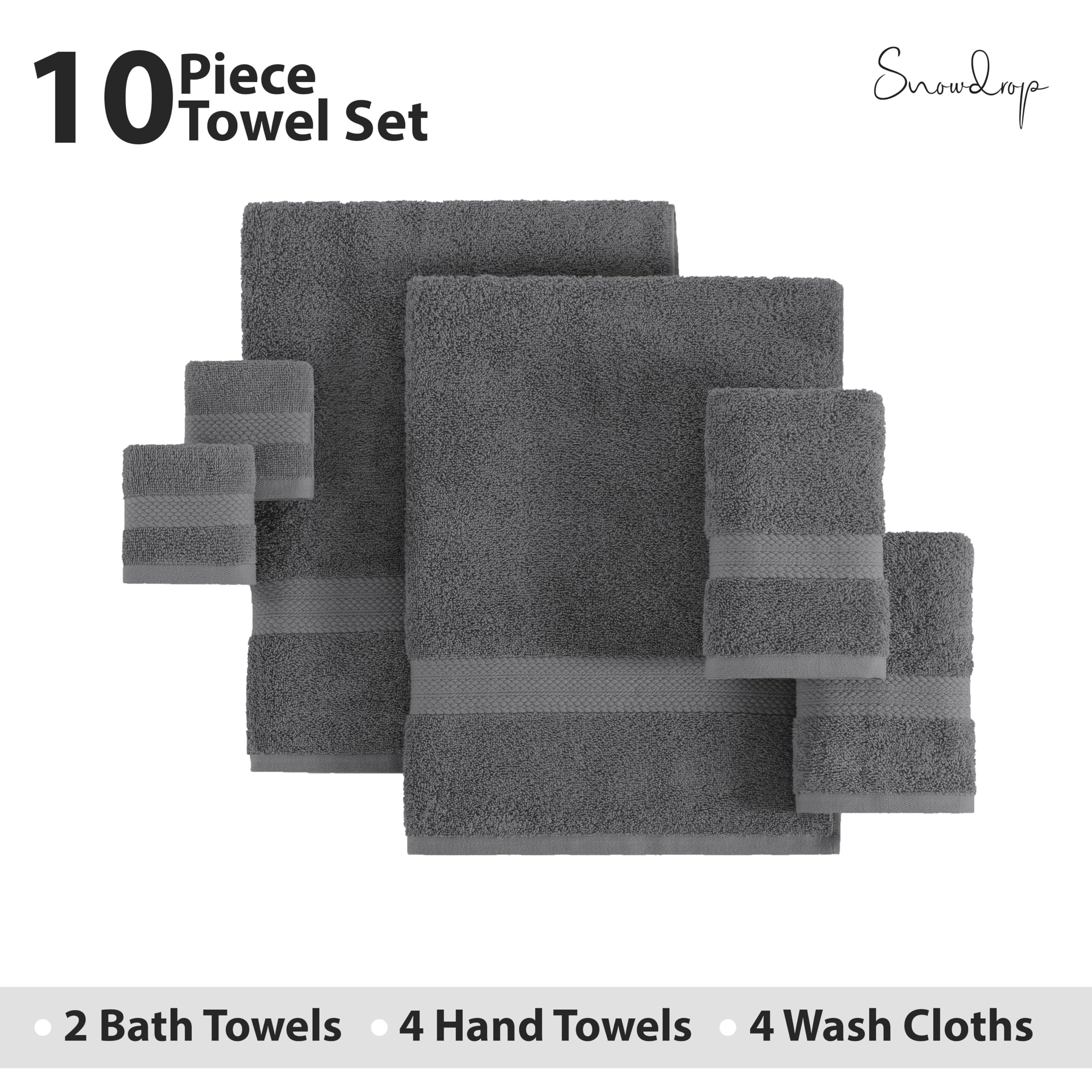 SNOWDROP 10-Piece Grey Bath Towel Set - 2 Large Bath Towels, 4 Hand Towels, 4 Washcloths | Ultra Absorbent Microfiber for Bathroom, Yoga, Pool & Hair Care | Soft Luxury Towels for Spa, Gym & Home Use