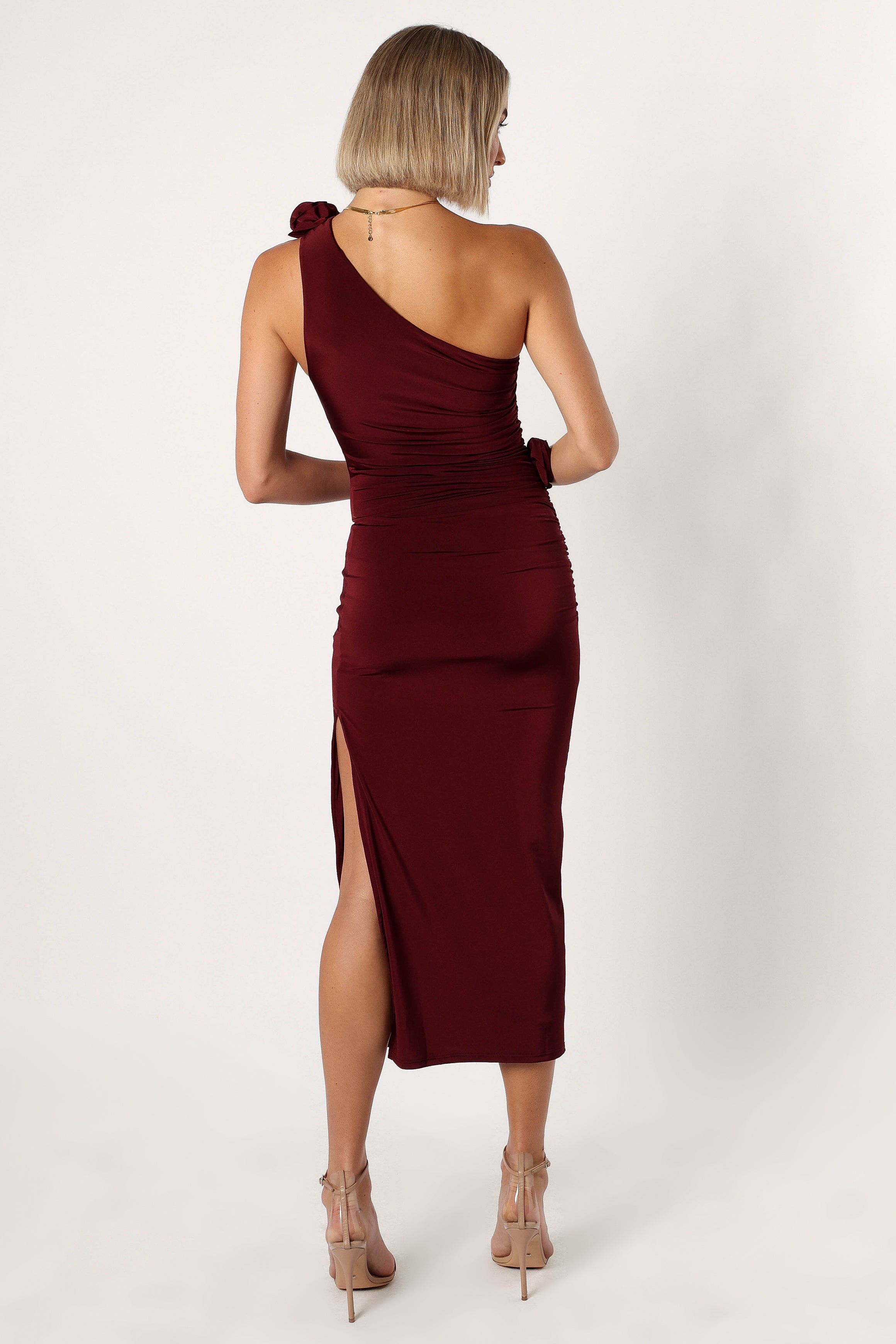 Elegant One Shoulder Midi Dress for Women - Wine Red Cocktail Party & Evening Gown - Perfect for Weddings, Date Nights & Special Occasions