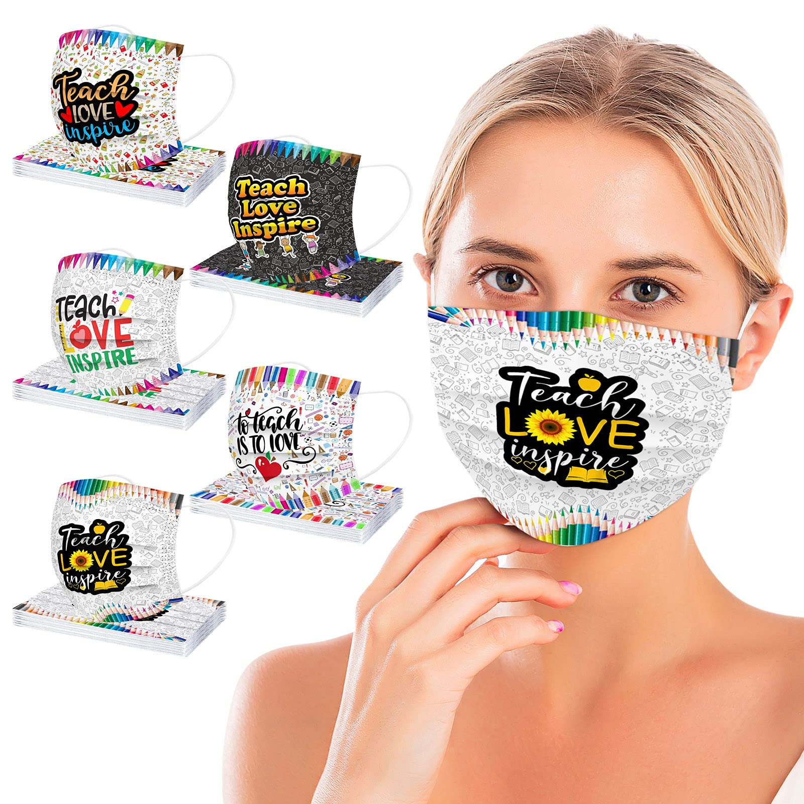 50-Pack Cute Printed Disposable Face Masks for Women Teachers - Breathable Paper Masks with Fun Designs (Mixed Colors) - Perfect for Classroom, School, and Daily Protection