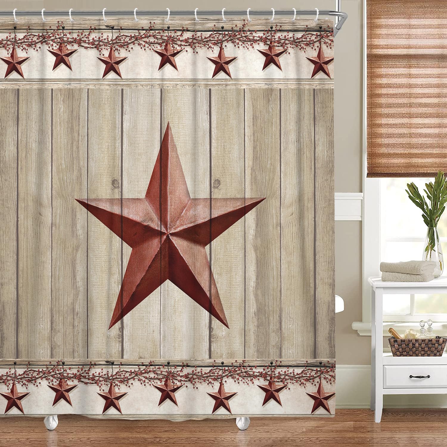 Rustic Barn Star Wooden Door Shower Curtain - Western Texas Star & Primitive Berries Country Bath Curtain, Polyester Fabric Bathroom Decor with 12 Hooks (69x70 inches) for Farmhouse, Cabin or Vintage Style Bathrooms