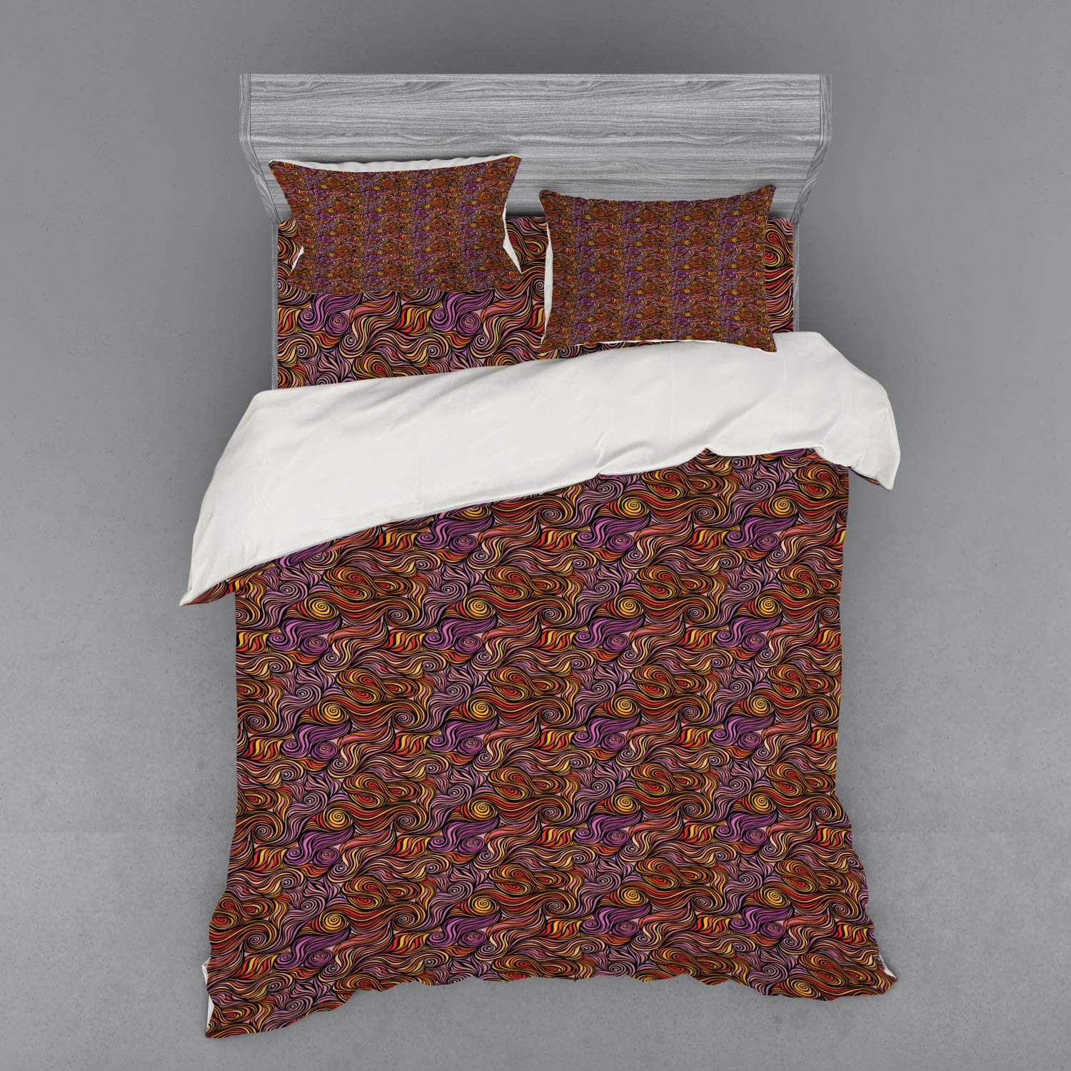 Ambesonne Abstract Bedding Set - Hand-Painted Wave Design with Spirals & Swirls, 4-Piece Duvet Cover Set with Shams & Fitted Sheet, Queen Size, Multicolor - Perfect for Modern Bedrooms & Guest Rooms