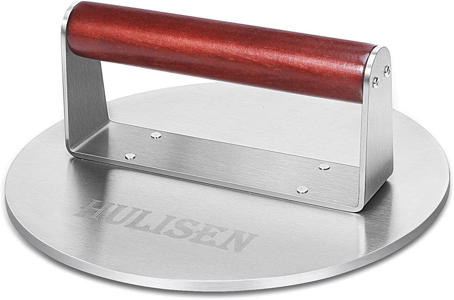 **HULISEN 8.5-Inch Heavy Duty Stainless Steel Burger Press – 2.5 lbs Bacon & Grill Smasher with Wood Handle – Perfect for Hamburgers, Steaks & BBQ – Ideal for Grilling, Smashing Patties & Cooking on Griddles**