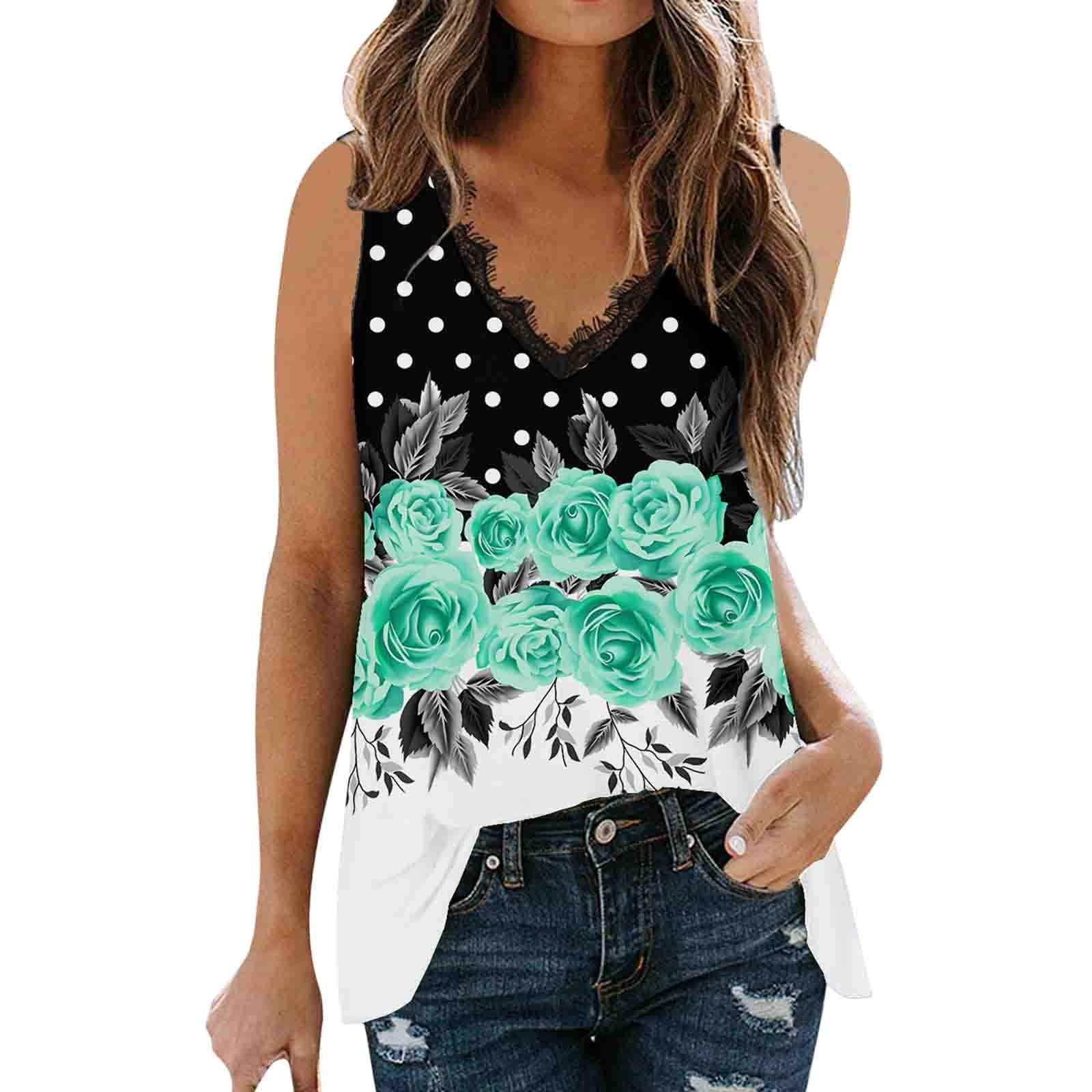 Women's Summer Sleeveless Rose Polka Dot Printed V-Neck Lace Tank Top - Casual Crop Vest for Beach, Party & Everyday Wear