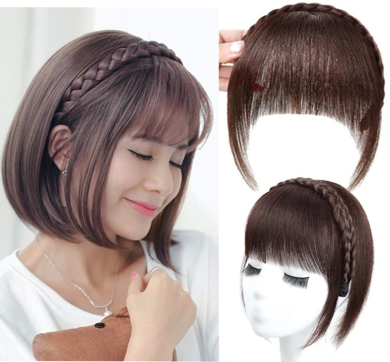 Miss Lirenn® Synthetic Bangs Headband for Women - Clip-in Fringe Hair Extensions with Adjustable Hair Band | Dark Brown | Perfect for Cosplay, Costume Parties & Daily Styling