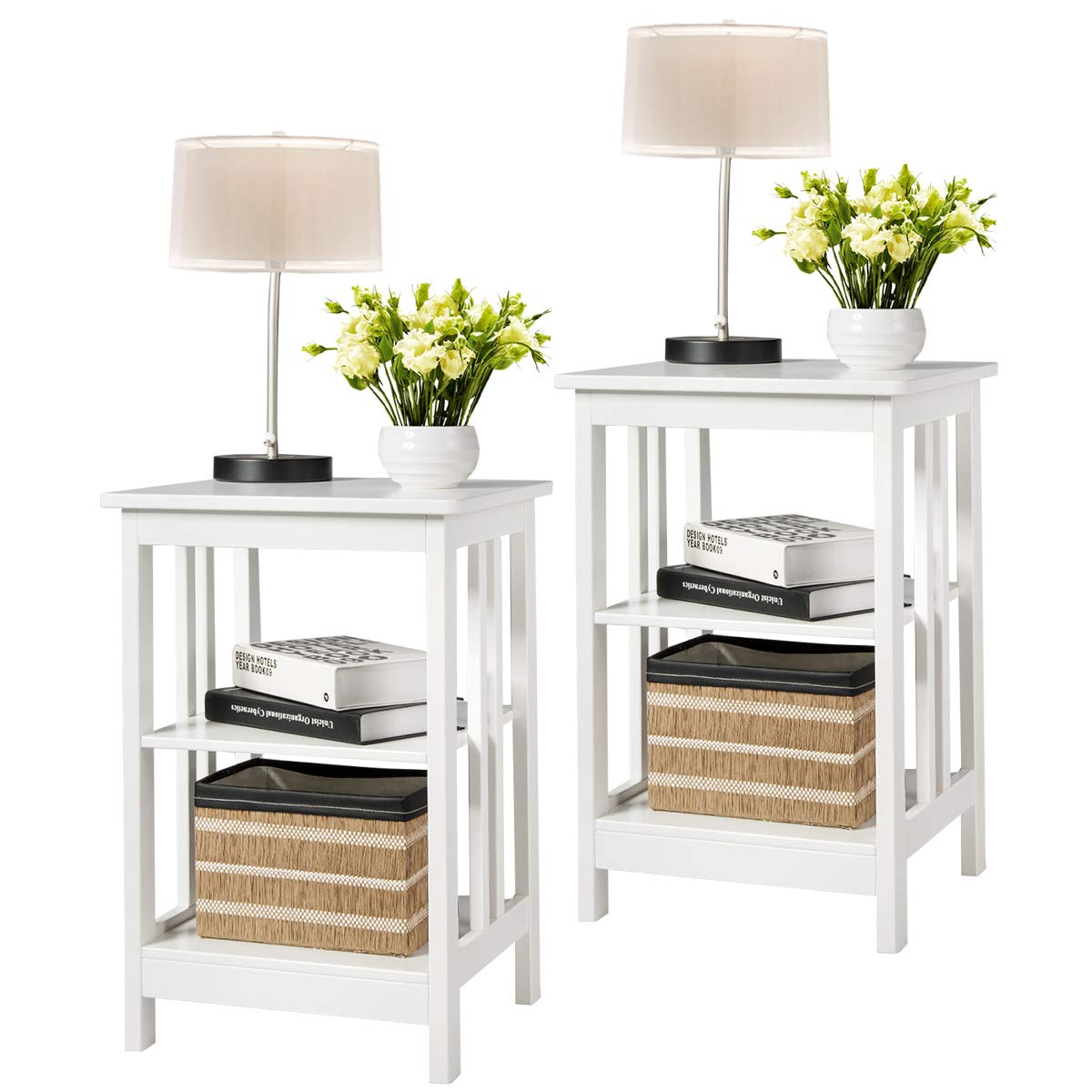 Giantex Nightstand Set of 2 - 3-Tier End Table with Storage Shelves, Sturdy Modern Bedside Table for Bedroom & Living Room - White Wooden Side Table for Small Spaces - Easy Assembly - Perfect for Apartment, Dorm, Guest Room & Home Office