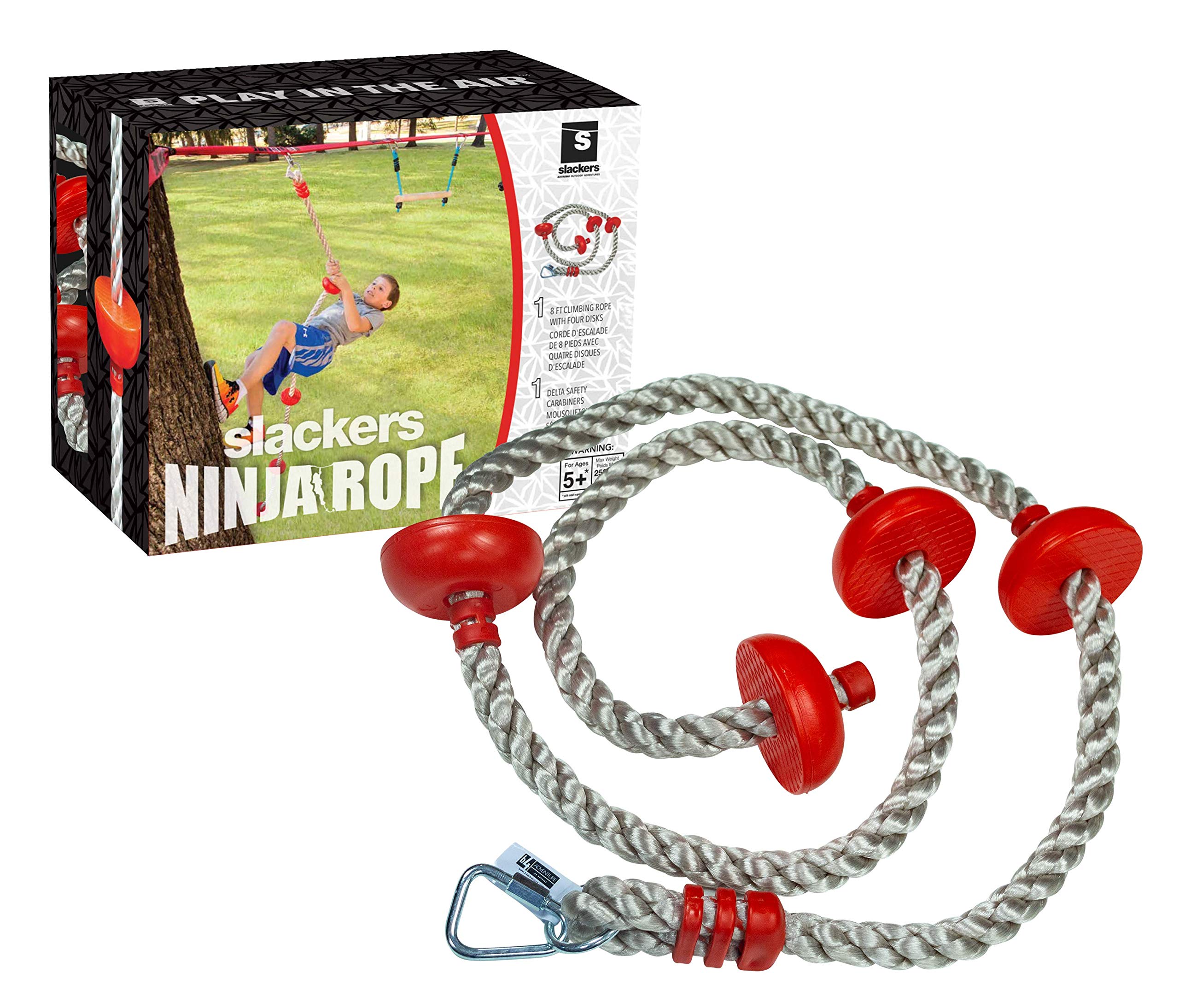 B4Adventure NinjaLine Climbing Rope with Foot Holds - 8ft Kids Obstacle Course Training Equipment for Backyard, Playground & Ninja Warrior Practice (Assorted Colors)