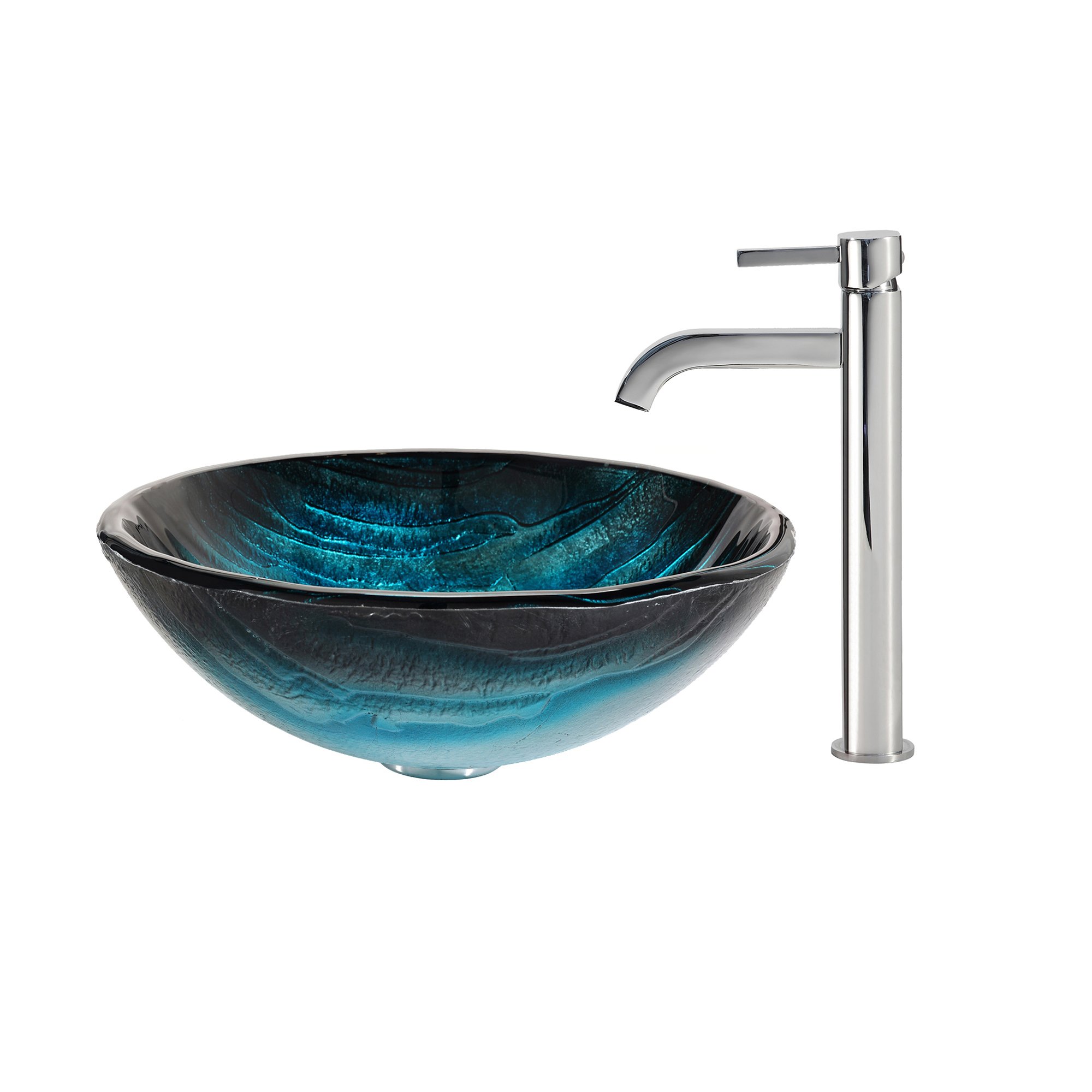 KRAUS Ladon Blue Glass Vessel Bathroom Sink with Chrome Ramus Faucet - Modern Vanity Sink for Contemporary Bathroom Decor