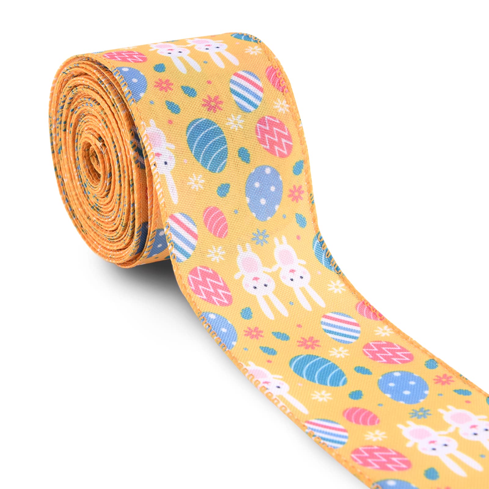 Easter Ribbon for Gift Wrapping, DIY Crafts, Spring Decorations - Bunny & Eggs Printed Wired Edge Ribbon, 2.5 Inch x 10 Yards, Yellow - Perfect for Easter Baskets, Party Decor, and Handmade Greeting Cards
